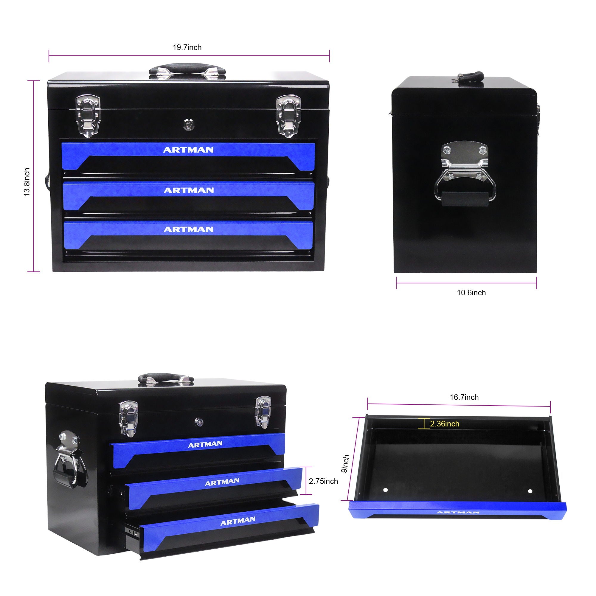 Portable 3 Drawer Steel Toolbox, 4 Layers Of Tools With Metal Latches, With Storage Tray And Carrying Handle