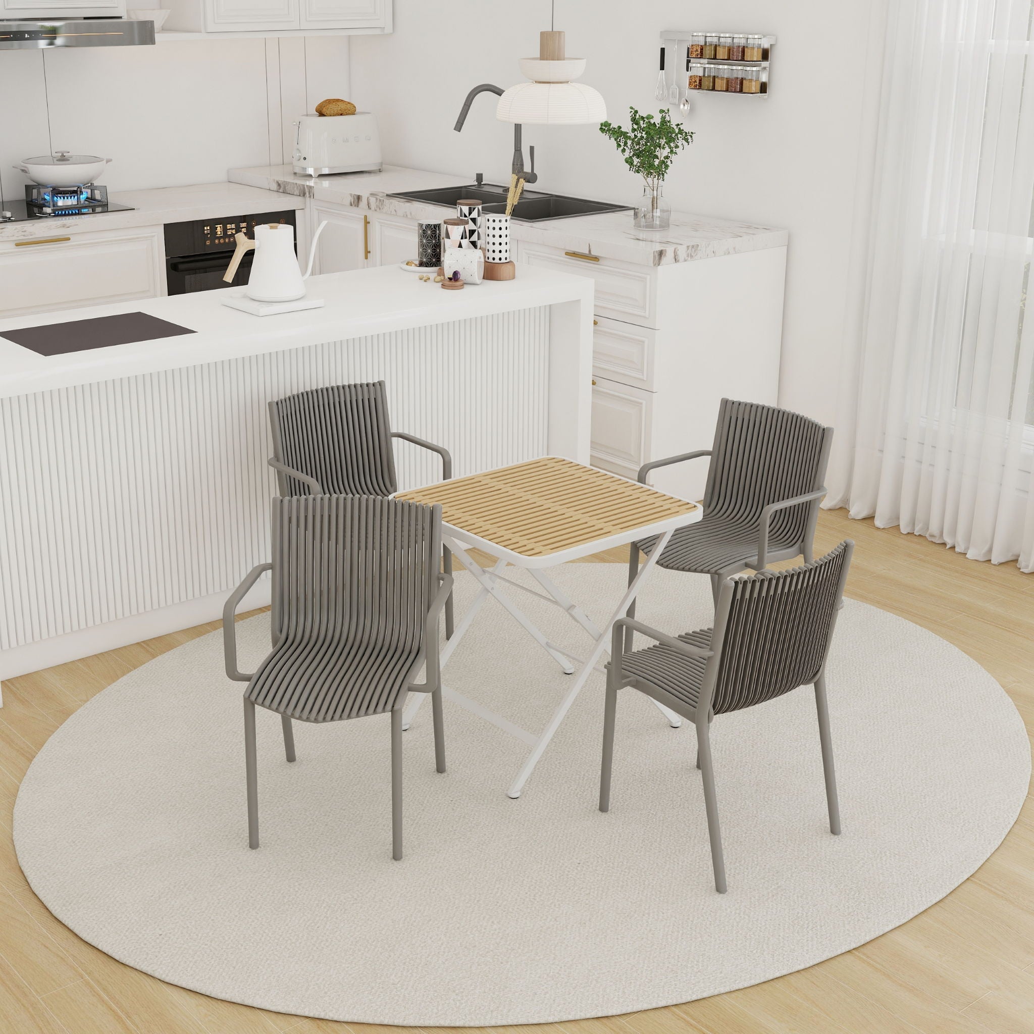 4 Modern Stackable Plastic Armchair Matched With Folding Square Table