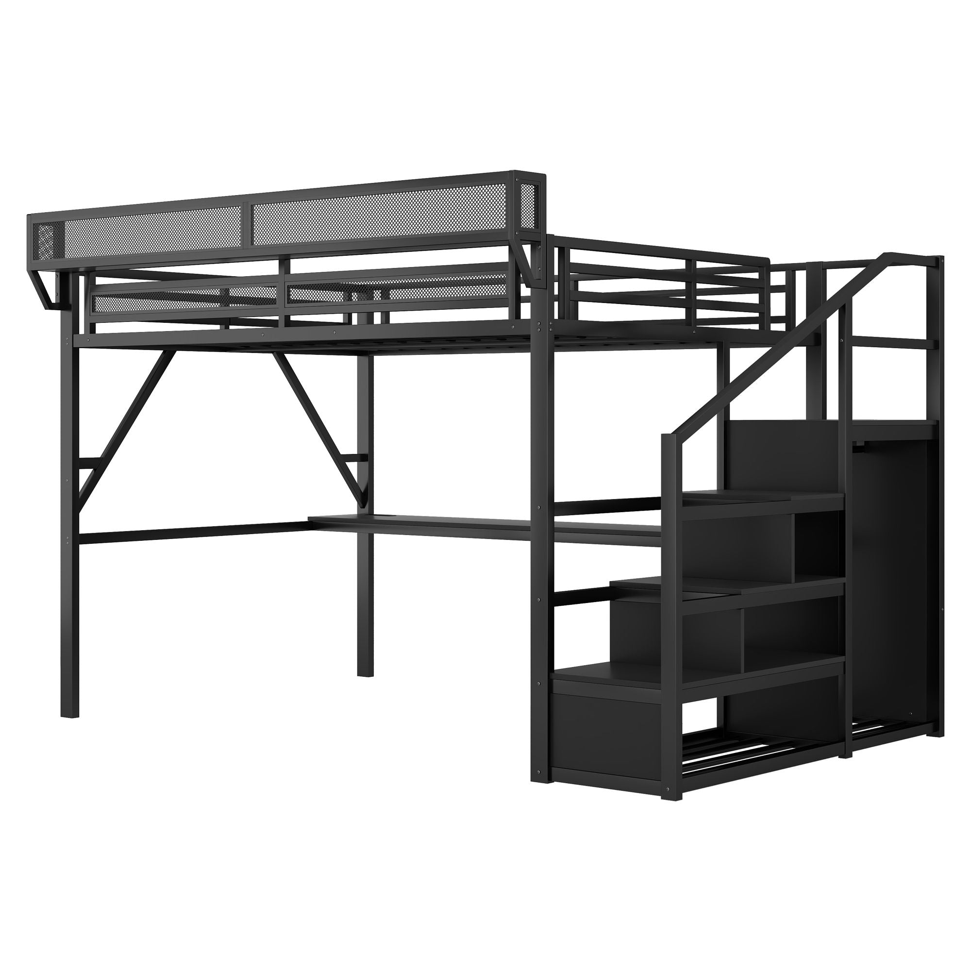 Loft Bed With Desk And Charging Station With Stairs And Light