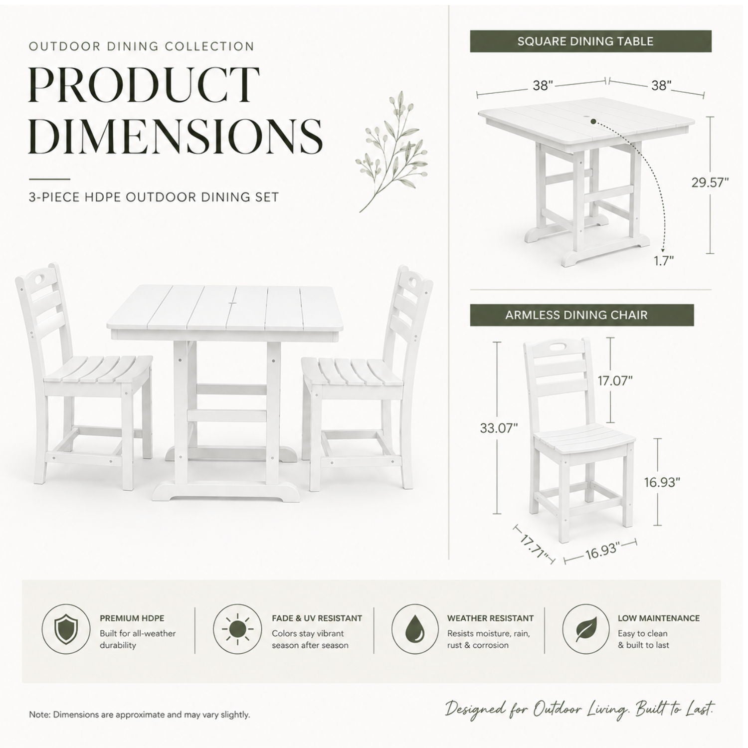 Outdoor Patio Dining Set, Square Table With Umbrella Hole And Armless Chairs