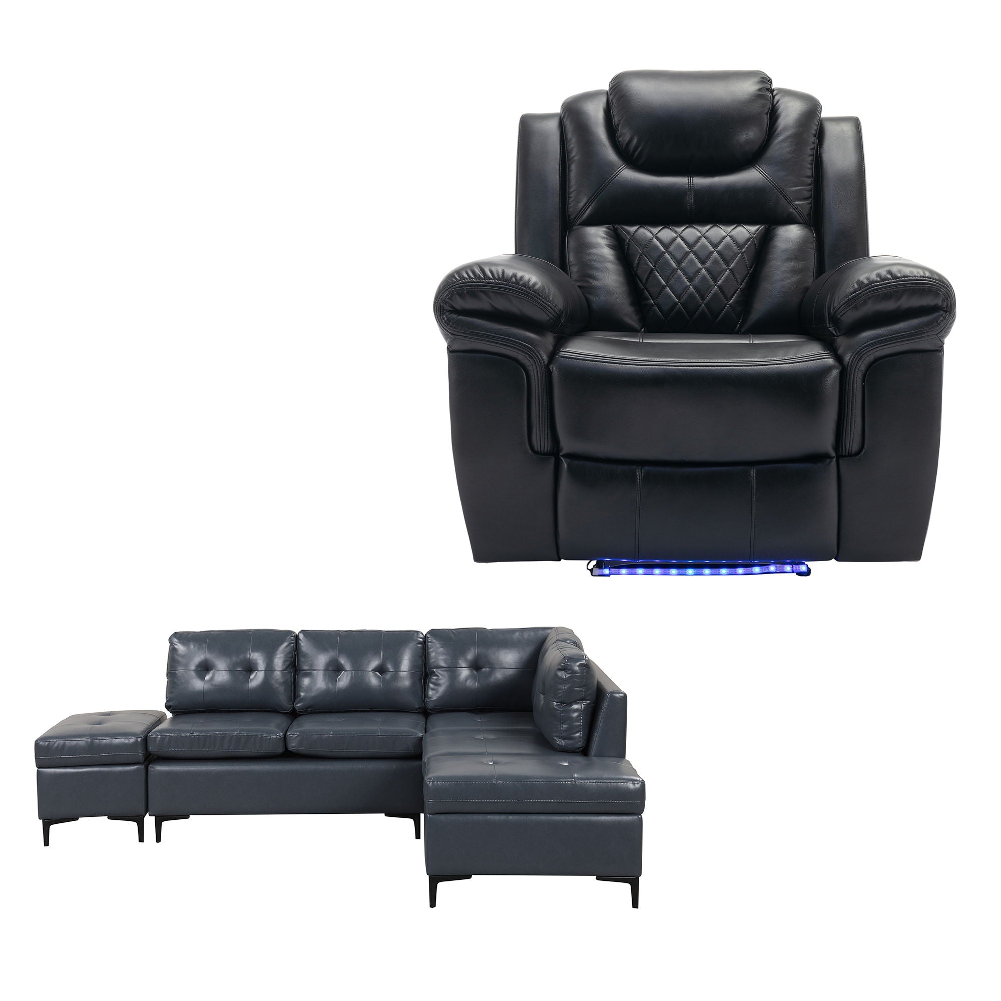 Sofa Recliner Set L - Shaped Corner Sofa Leather Recliner For Living Room - Blue / Black