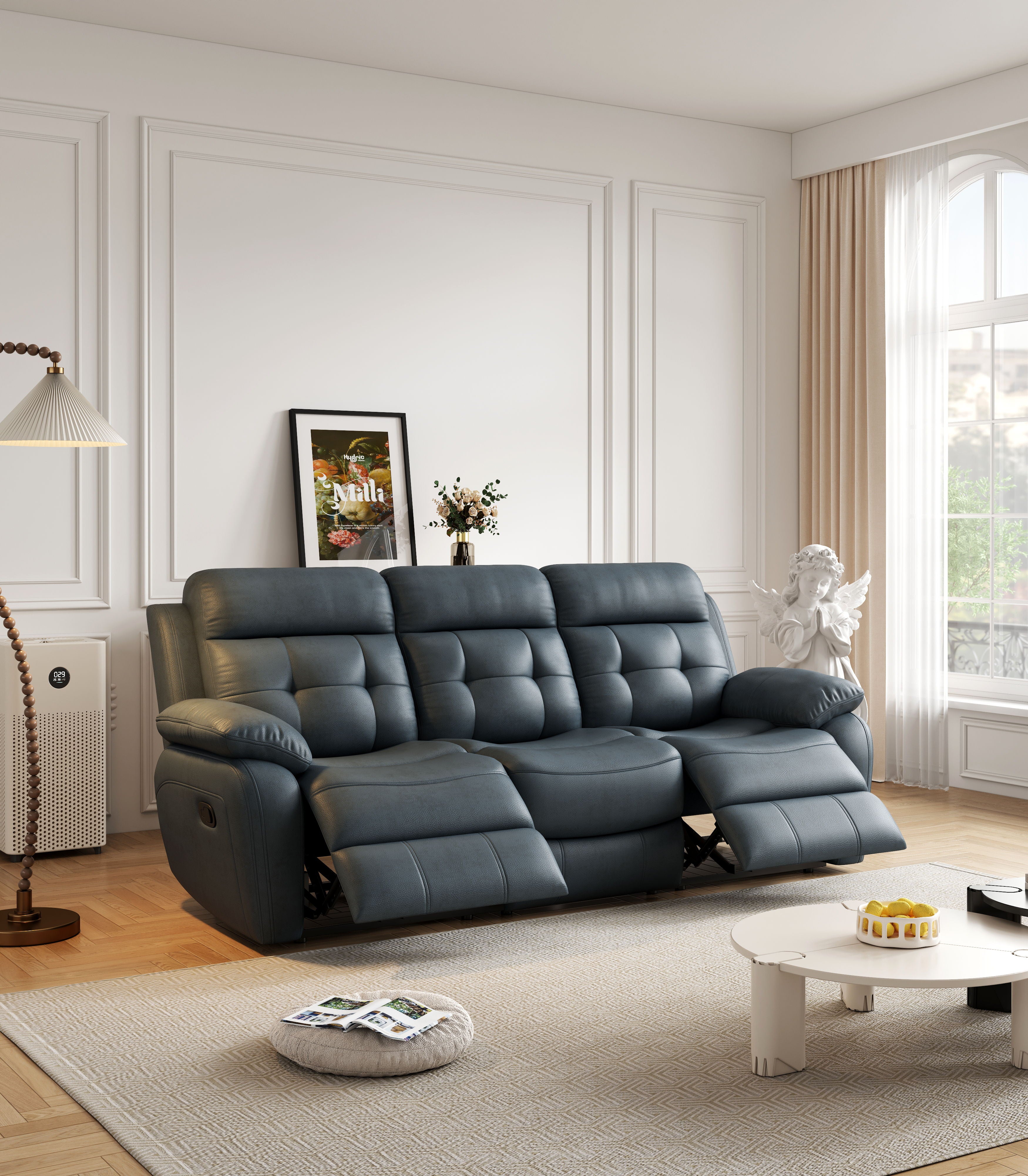 Genuine Leather Non Power Reclining Sofa With Drop Down Table, Stainless Steel Cupholders And Magazine Bag