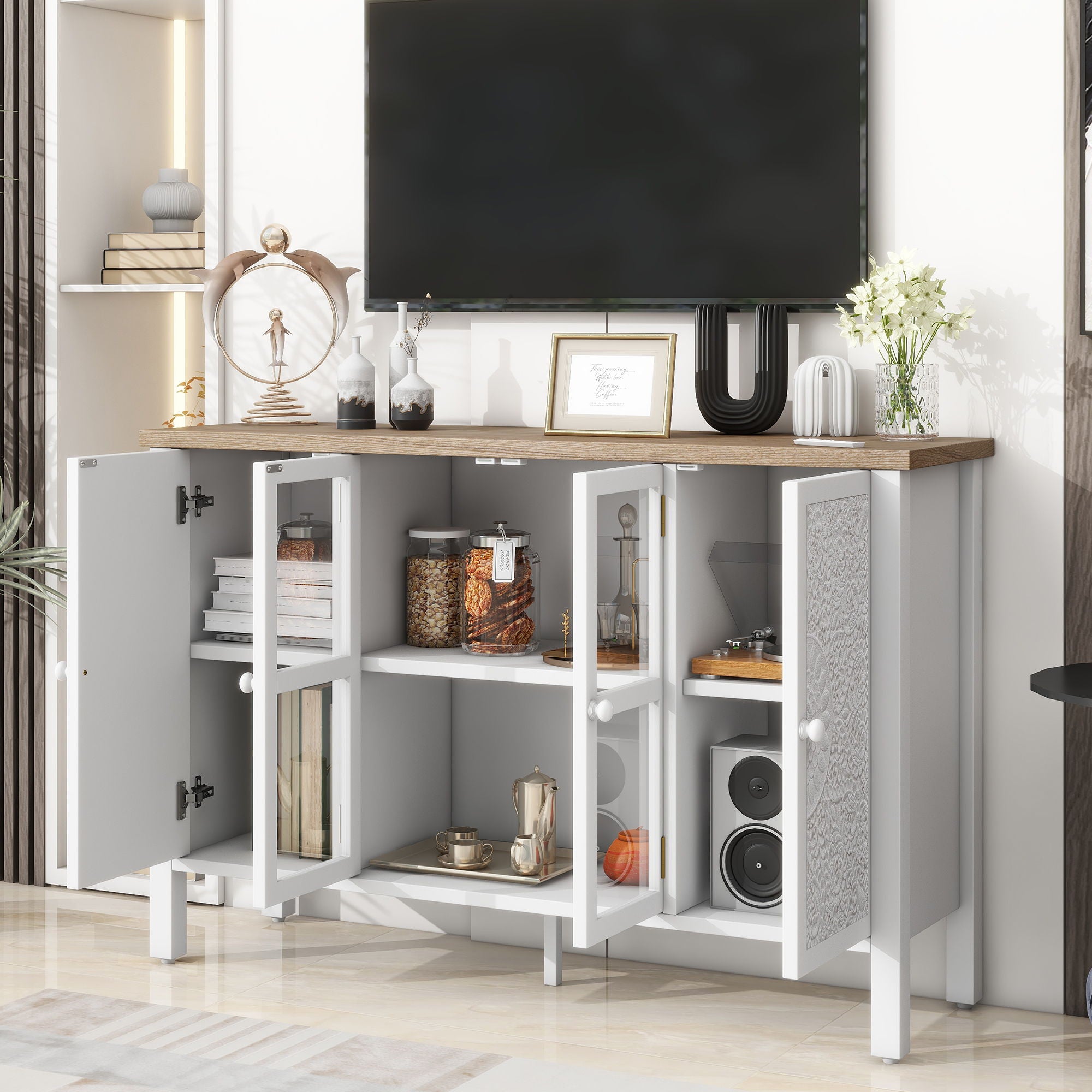 Retro TV Stand With 3 Spacious Cabinets, Glass Cabinet Doors And Anti-Tip Device