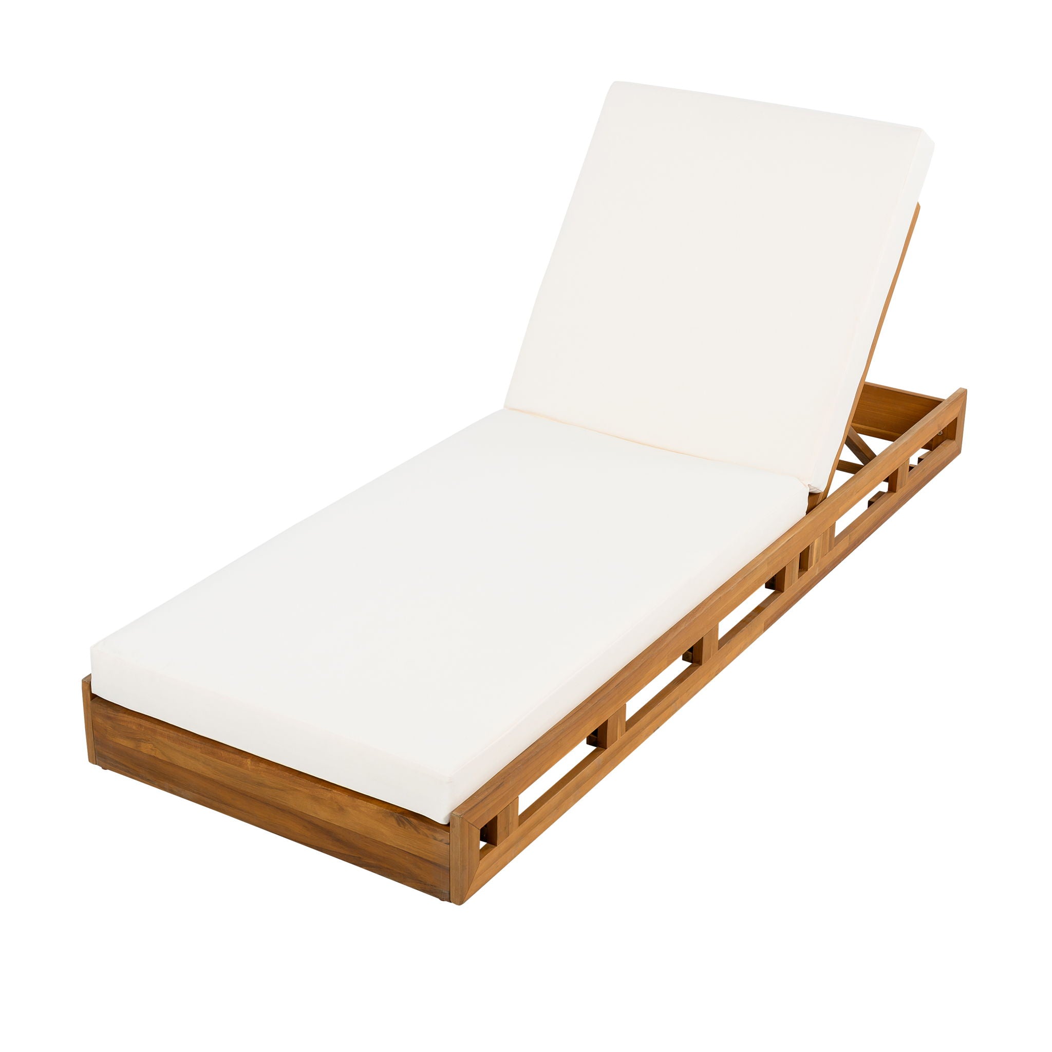 Premium Acacia Wood Lounge Chaise Set With Water Resistant Cushions, Adjustable Recline - Cream / Teak