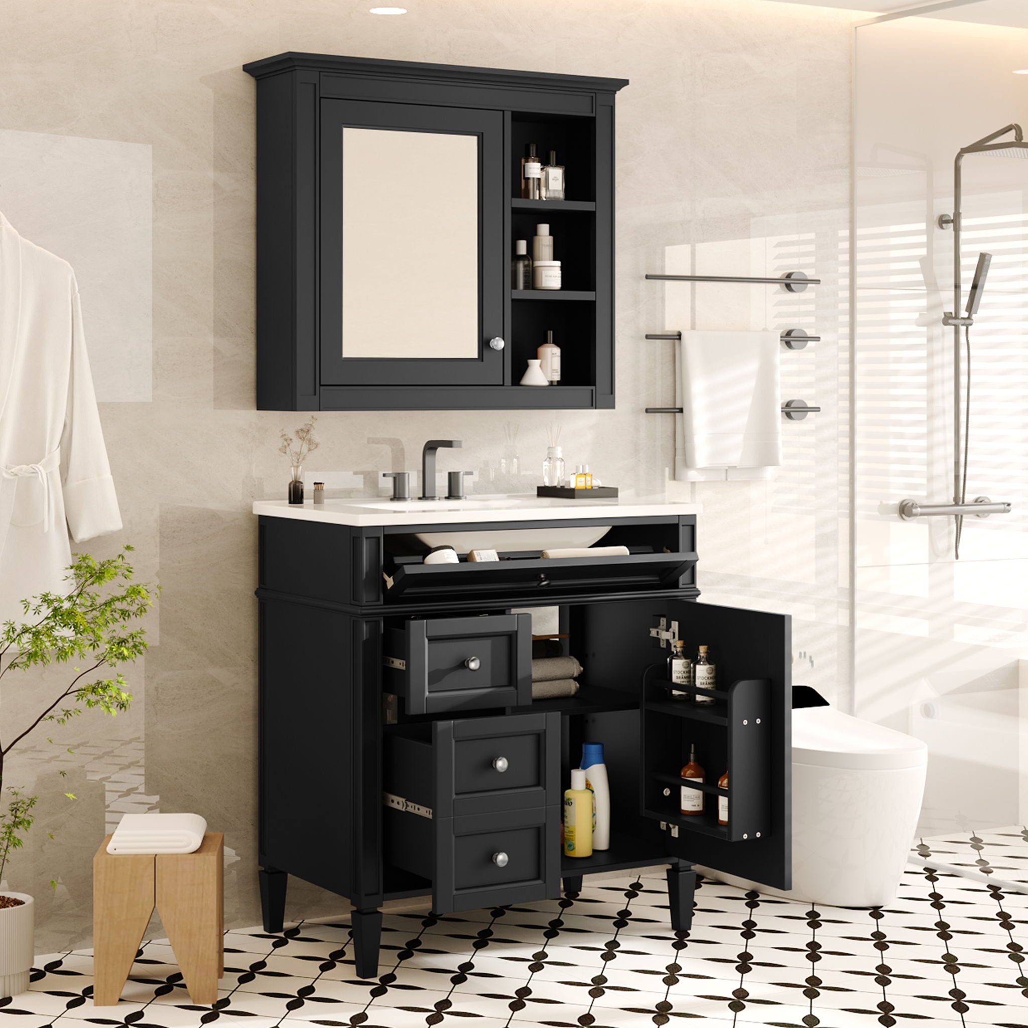Bathroom Vanity With Medicine Cabinet, Royal Mirror Cabinet, Modern Bathroom Storage Cabinet With 2 Soft Closing Doors And 4 Drawers