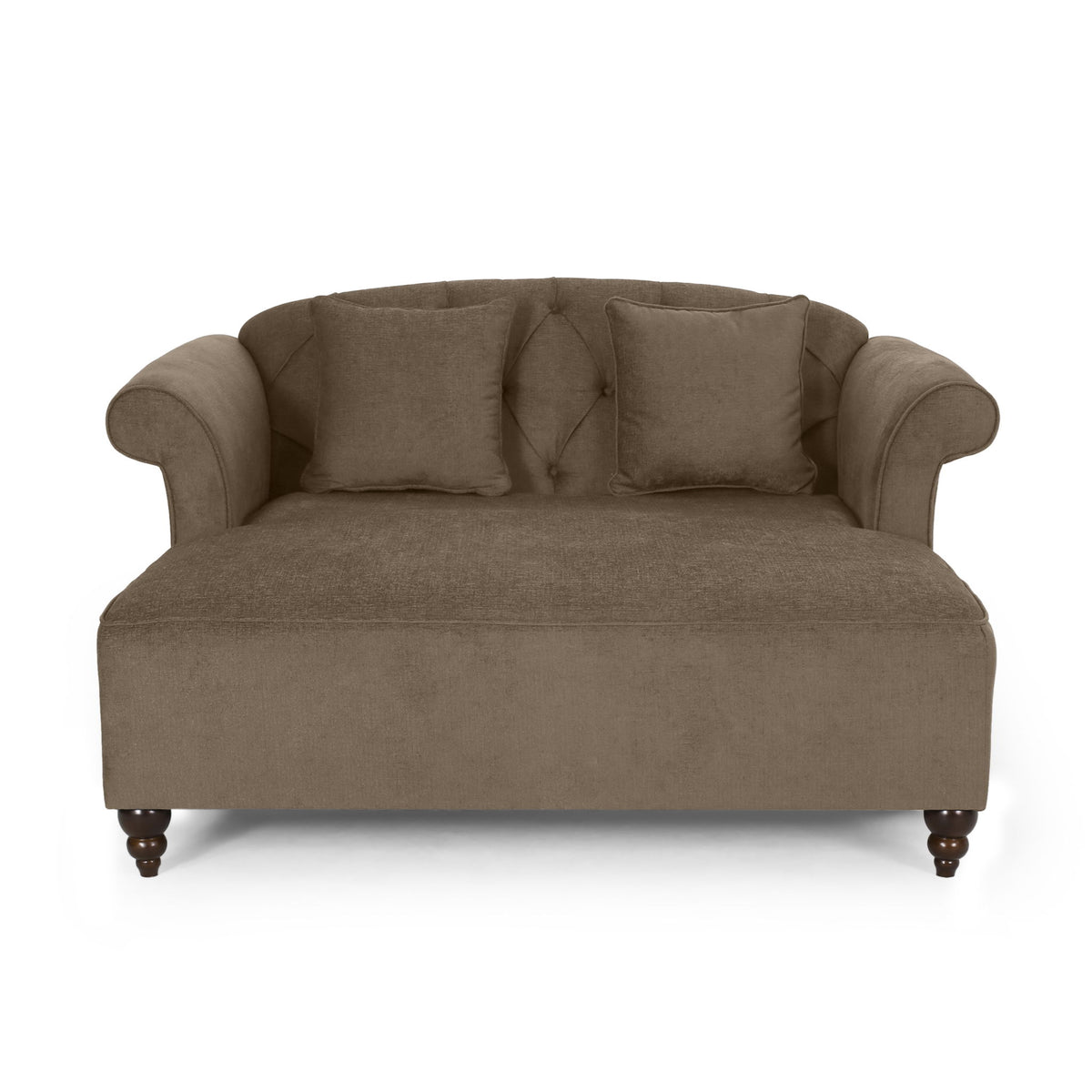 Upholstered Chaise Lounge With Scroll Arms, Turned Legs And 2 Pillows