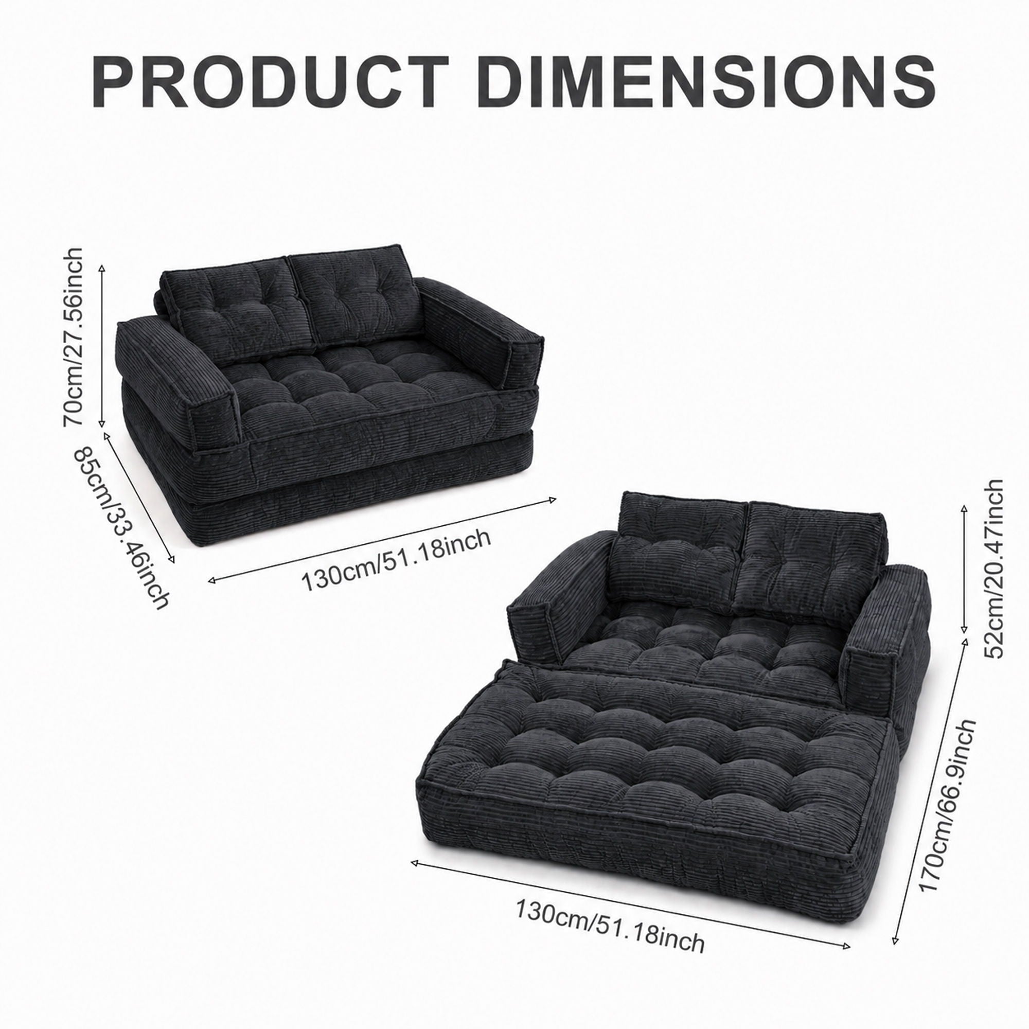 2 Seater Modular Corduroy Sofa With Chaise Lounge For Living Room