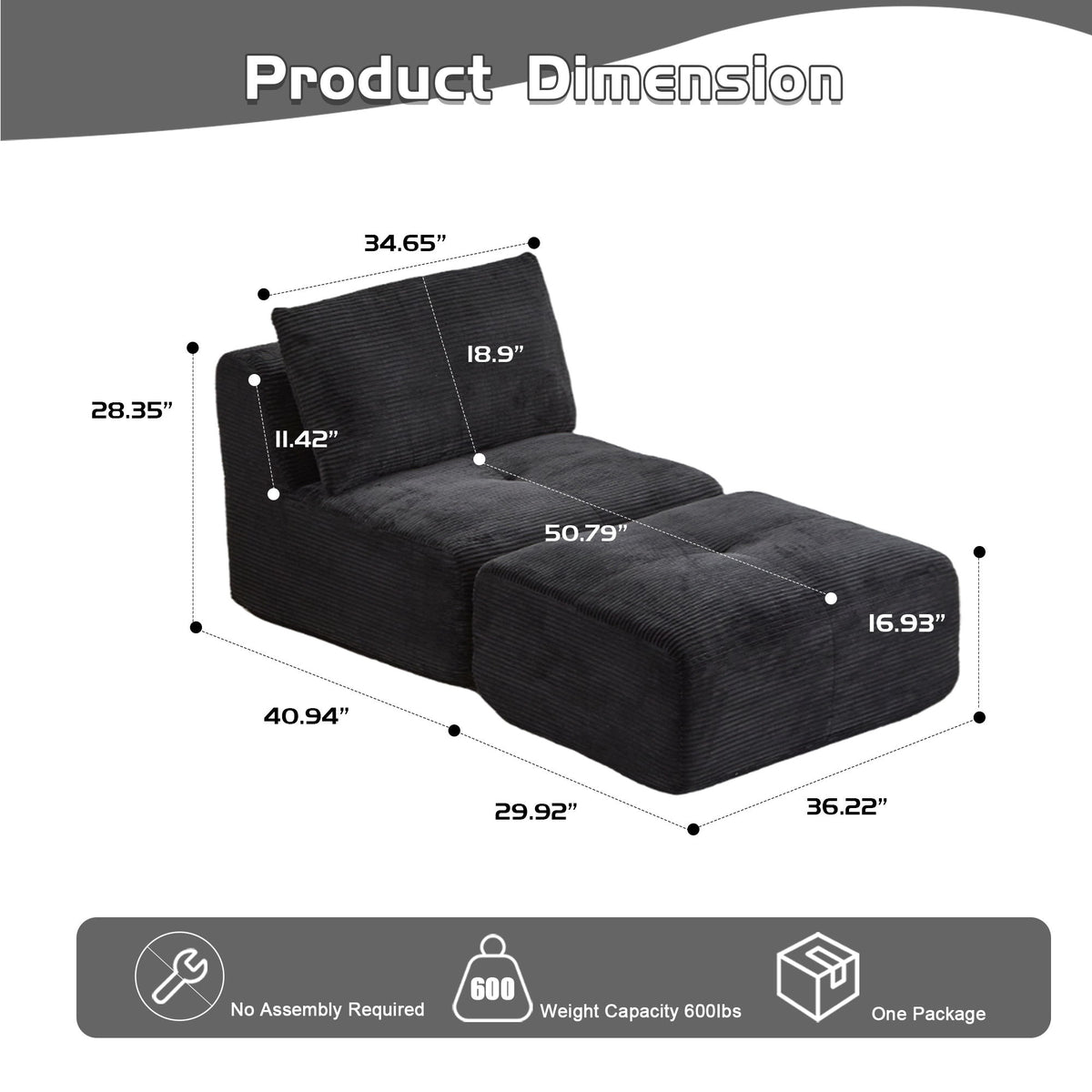 Single Chaise Longue With Movable Ottoman For Living Room