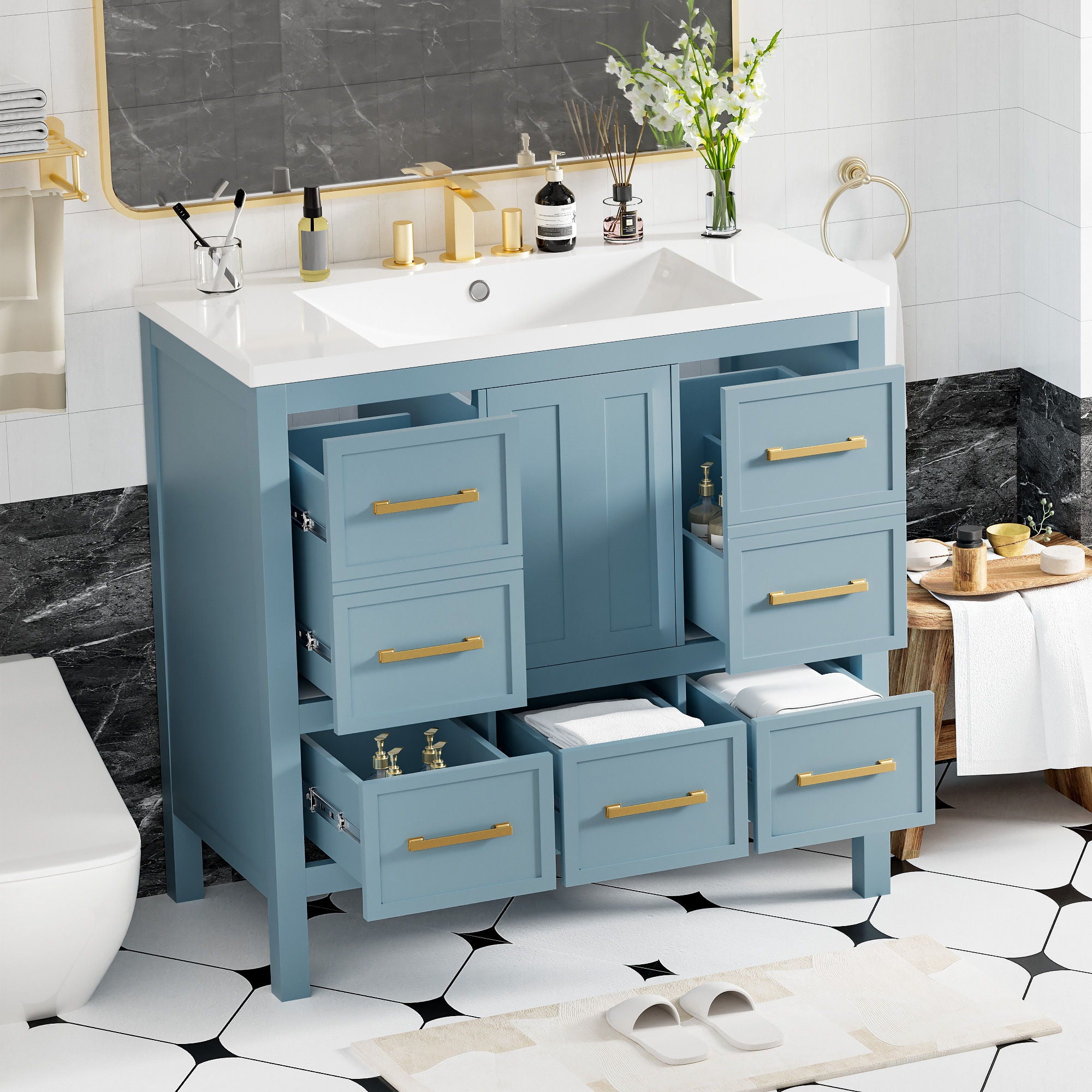 Bathroom Vanity With Resin Sink Combo, Freestanding Set With 5 Drawers