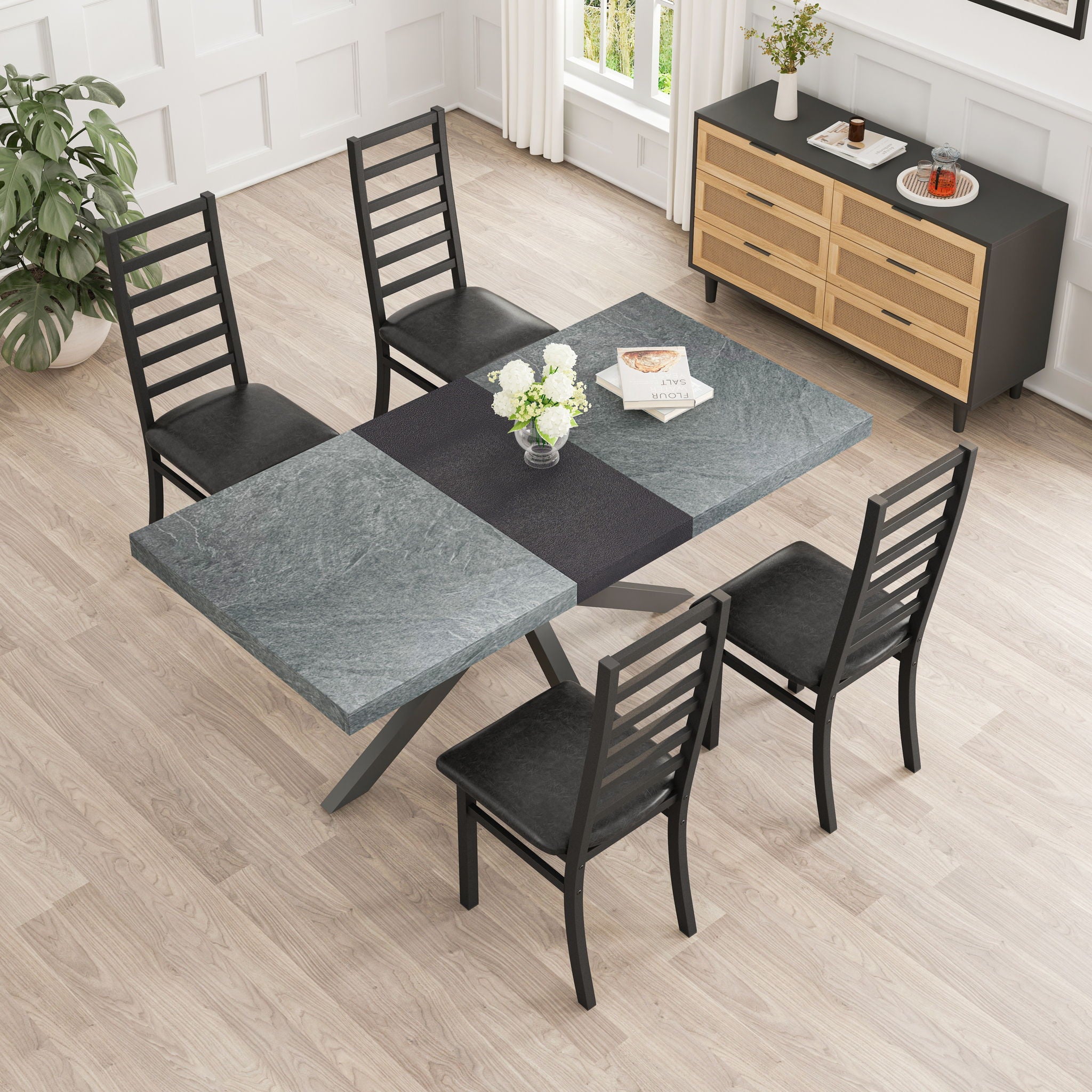 Rectangular Stretch Dining Table With 4 Chairs - Black / Gray