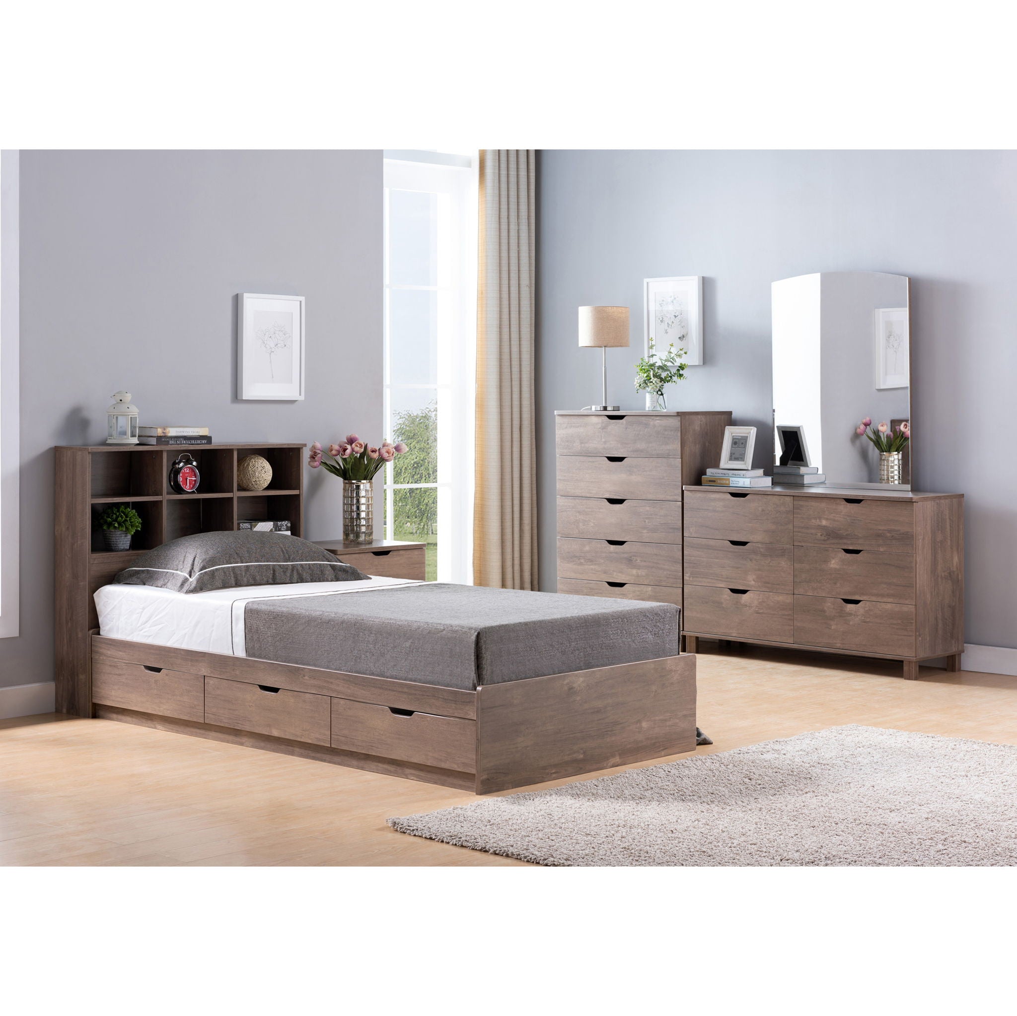 Bookcase Headboard 6 Shelves 3 Shelves Adjustable Top Panel Rounded Corners