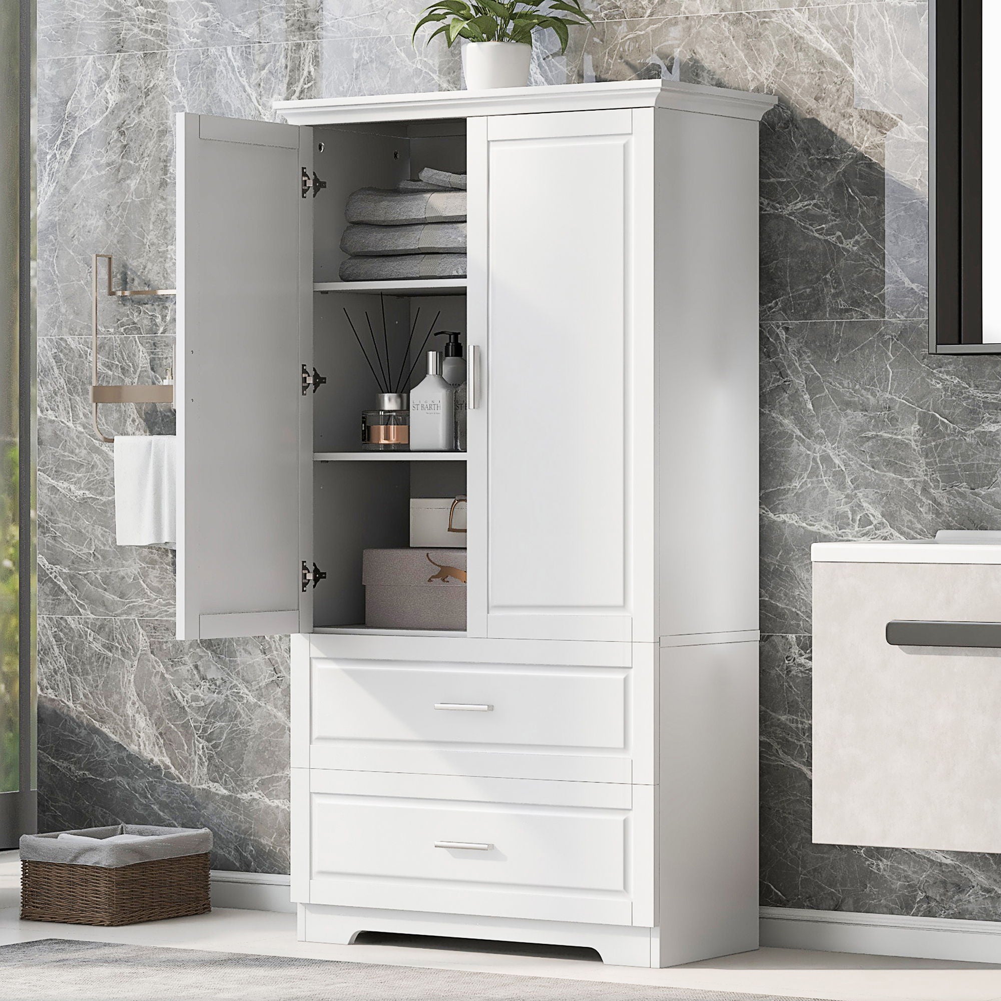 Tall Bathroom Storage Cabinet, Cabinet With 2 Doors And Drawers, Adjustable Shelf
