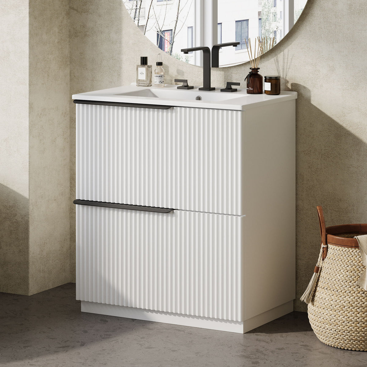Fluted Bathroom Vanity With Ceramic Sink, Freestanding Cabinet