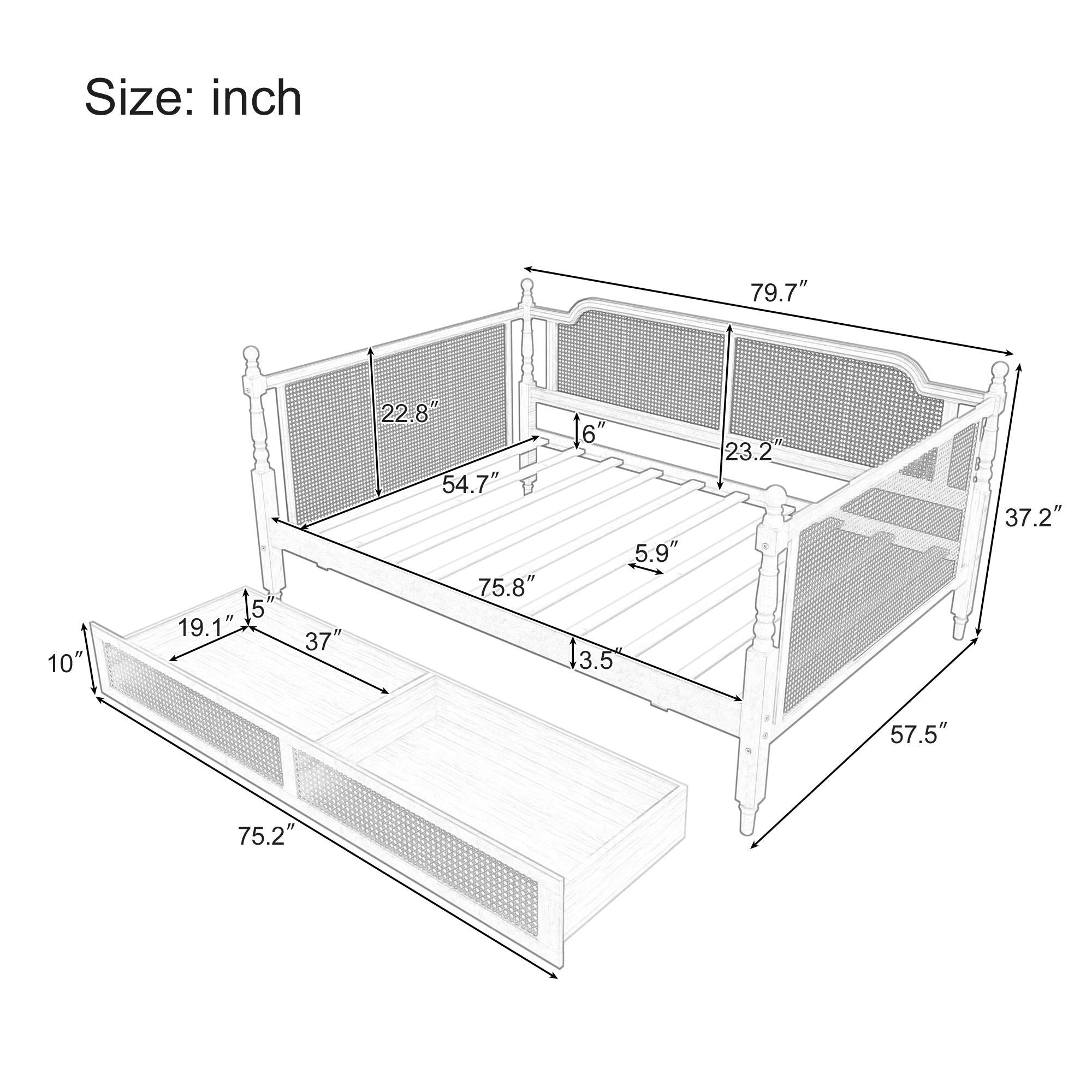 Traditional Style Rattan Daybed, No Box Spring Needed