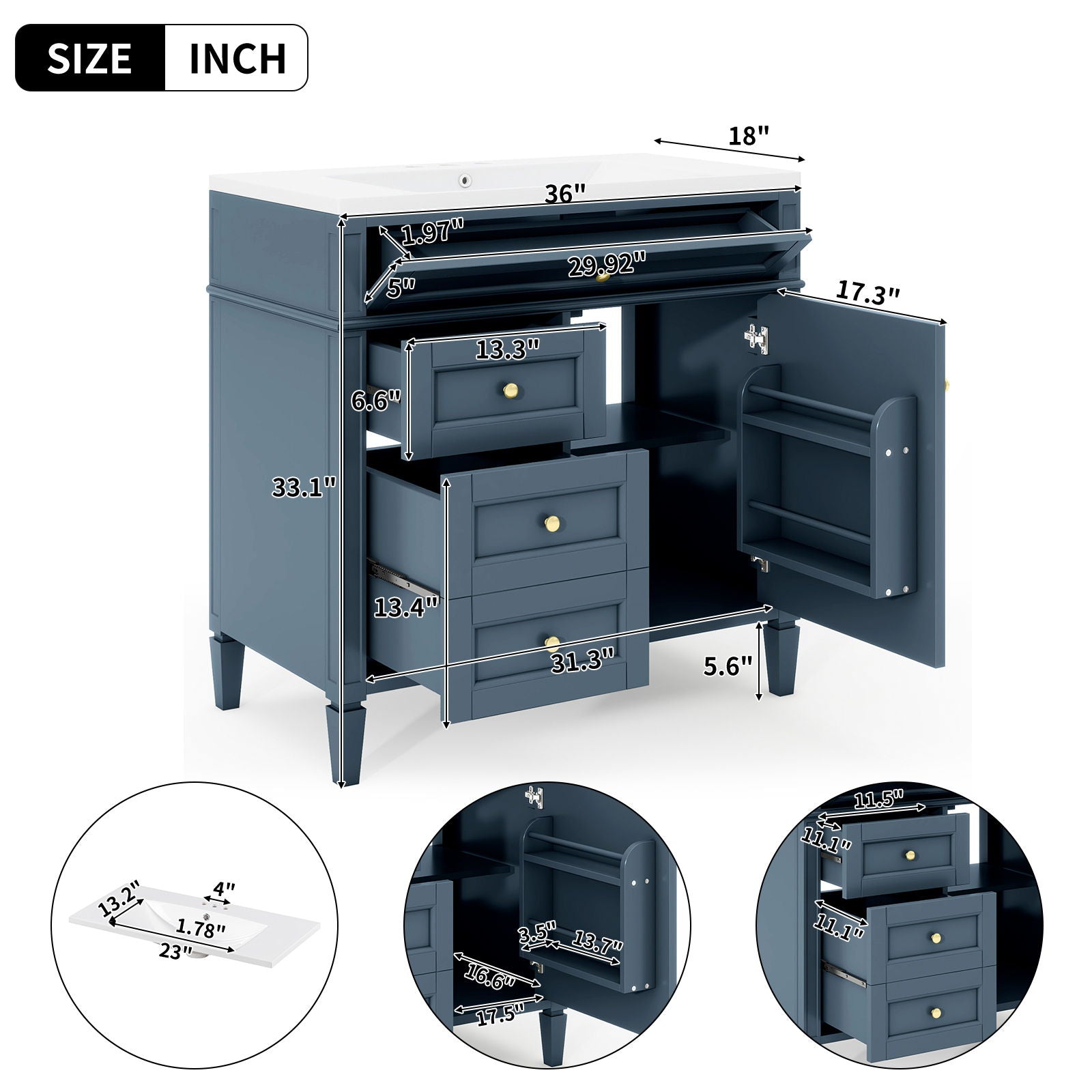 Bathroom Vanity With Top Sink, Storage Cabinet With 2 Drawers And Tip Out Drawer