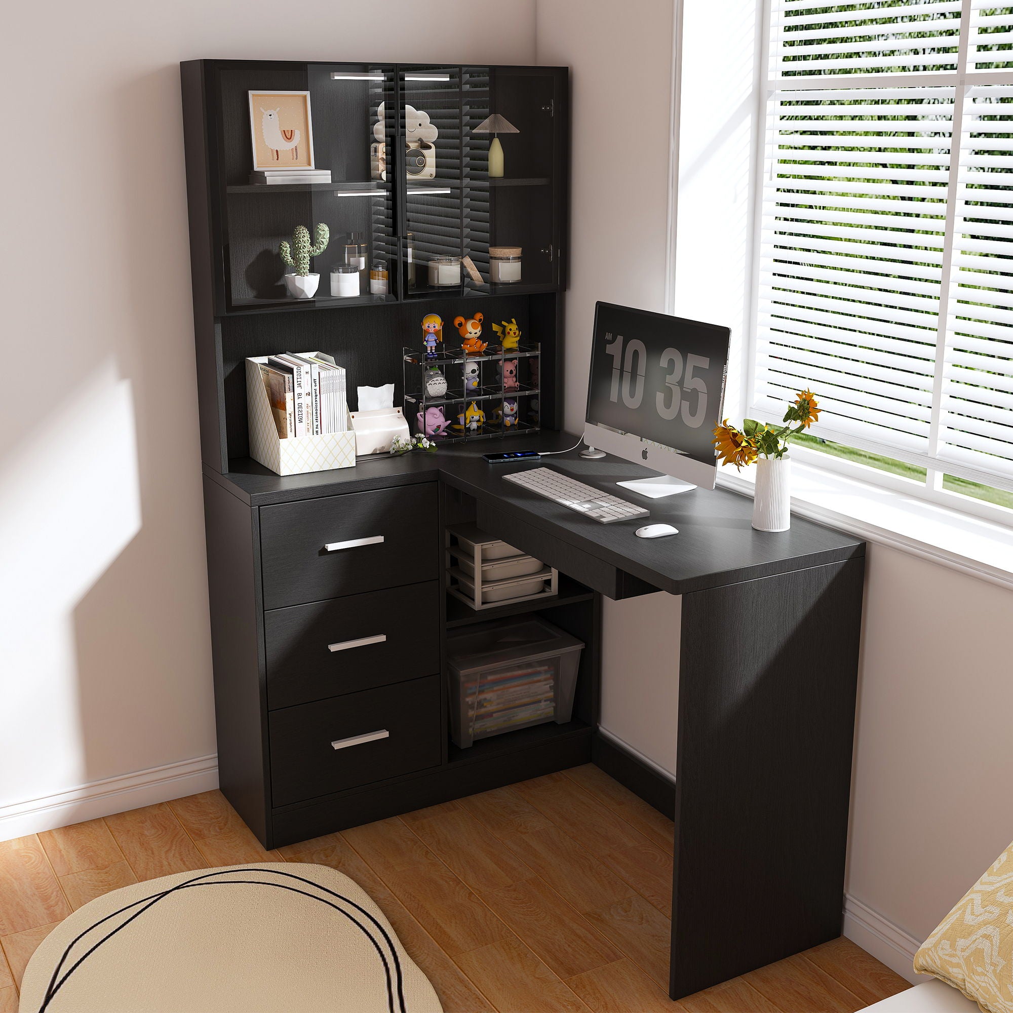 L-Shaped Computer Desk With Glass Cabinets, Built In LED Lights, USB Charging Ports