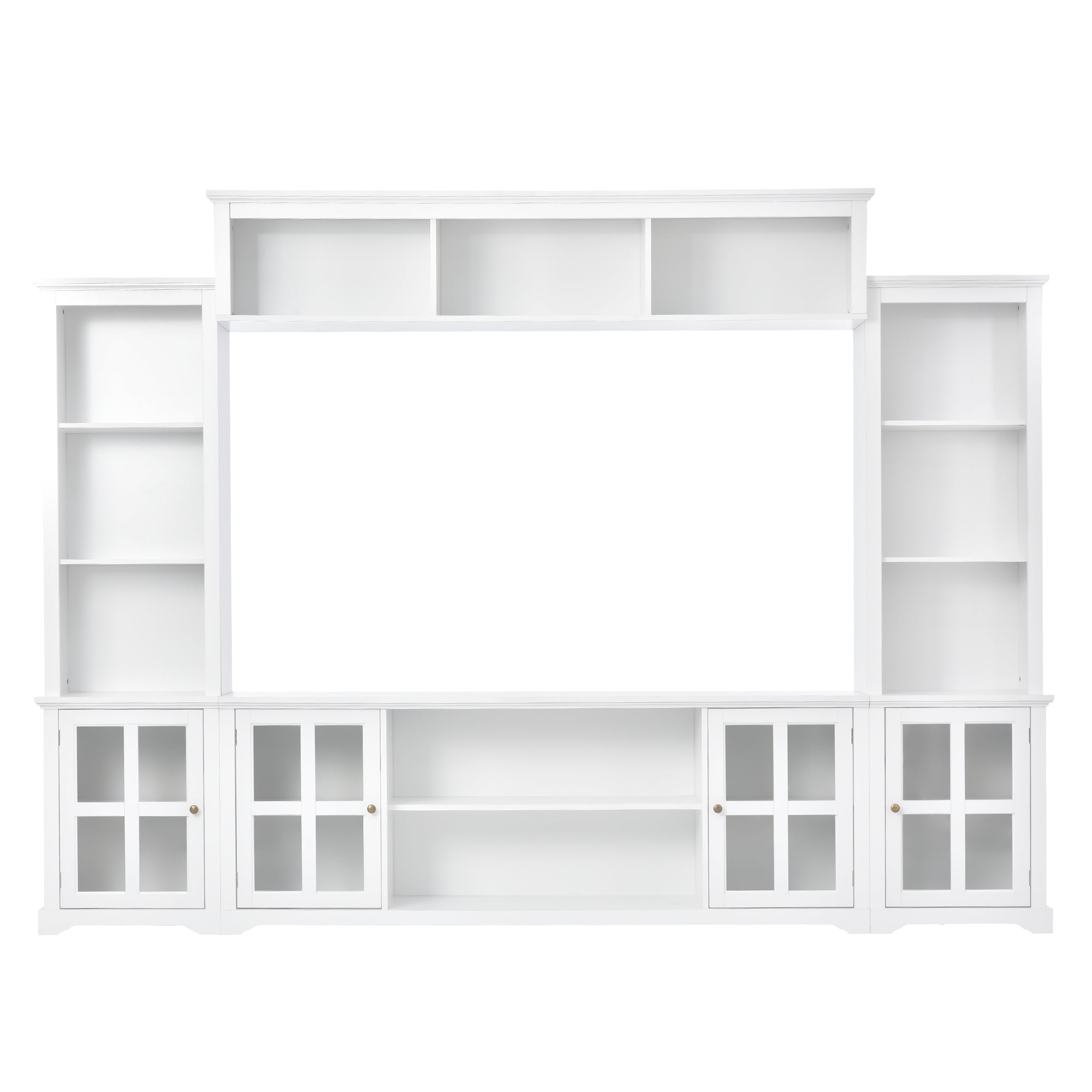 Entertainment Wall Unit with Bridge, Modern TV Console Table for TVs Up to 70", Multifunctional TV Stand with Tempered Glass Door, White