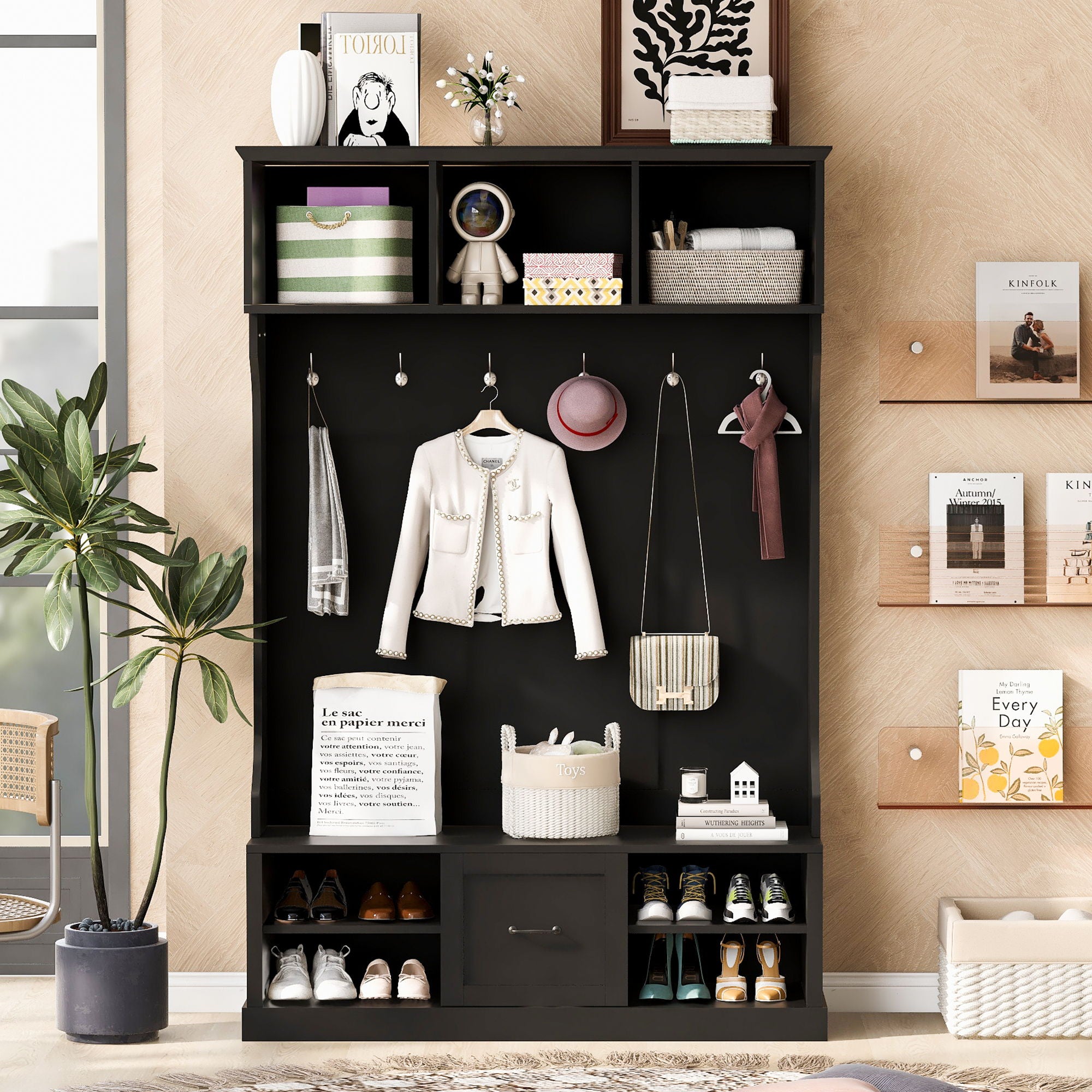 Hall Tree With 6 Hooks, Coat Hanger, Entryway Bench