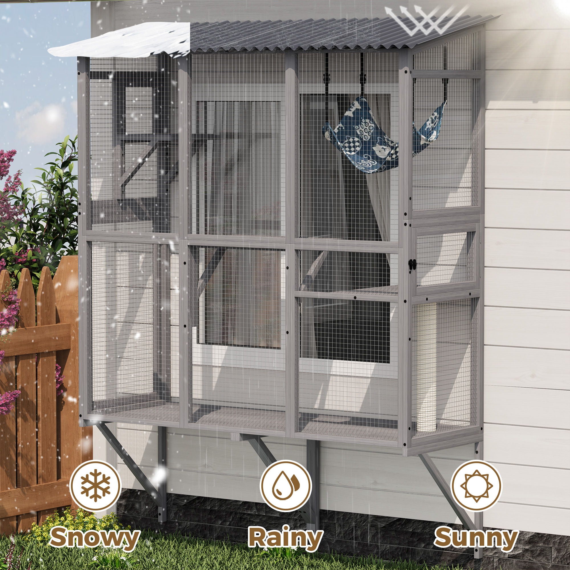 Large Walk In Outdoor Catio For Cats With Roof And 3 Access Doors - Gray