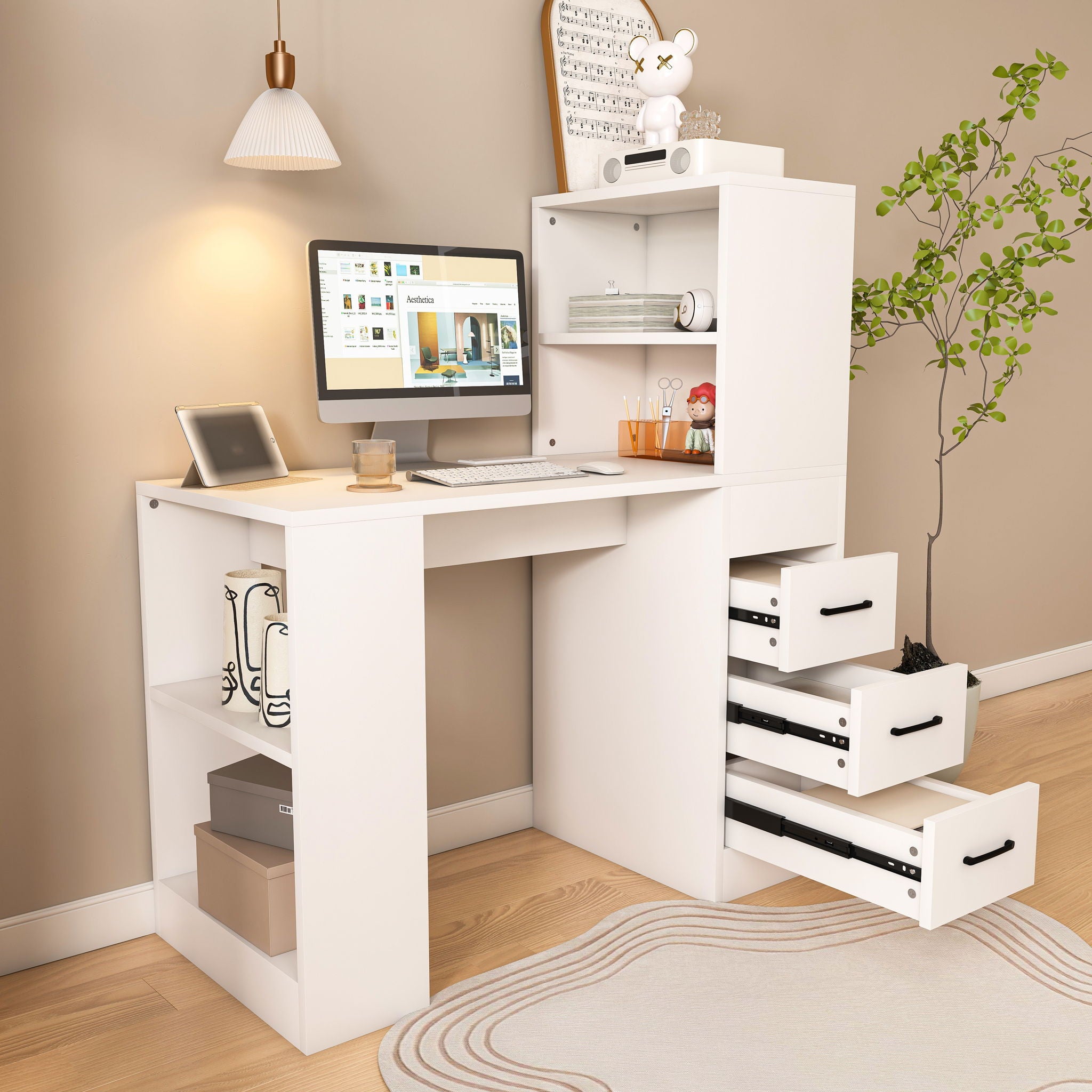Computer Desk With 4 In 1 Socket & 3 Drawers, 4 Tier Shelves