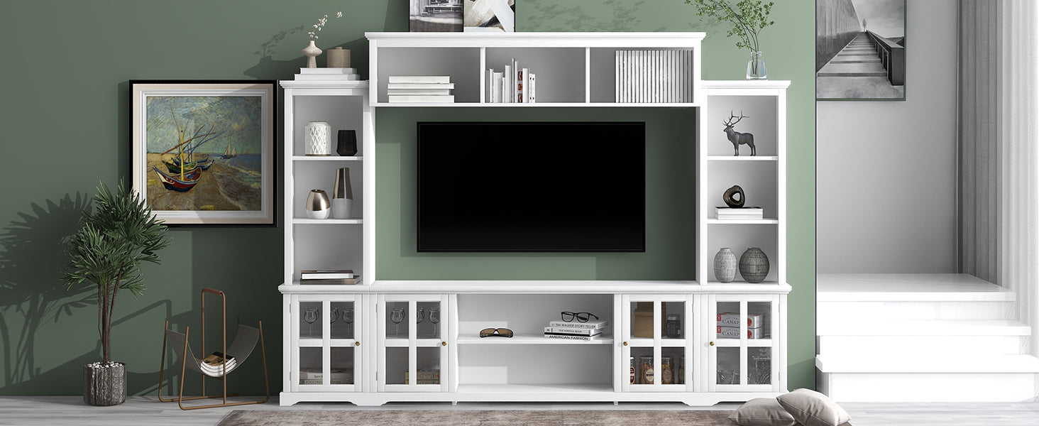 Entertainment Wall Unit with Bridge, Modern TV Console Table for TVs Up to 70", Multifunctional TV Stand with Tempered Glass Door, White