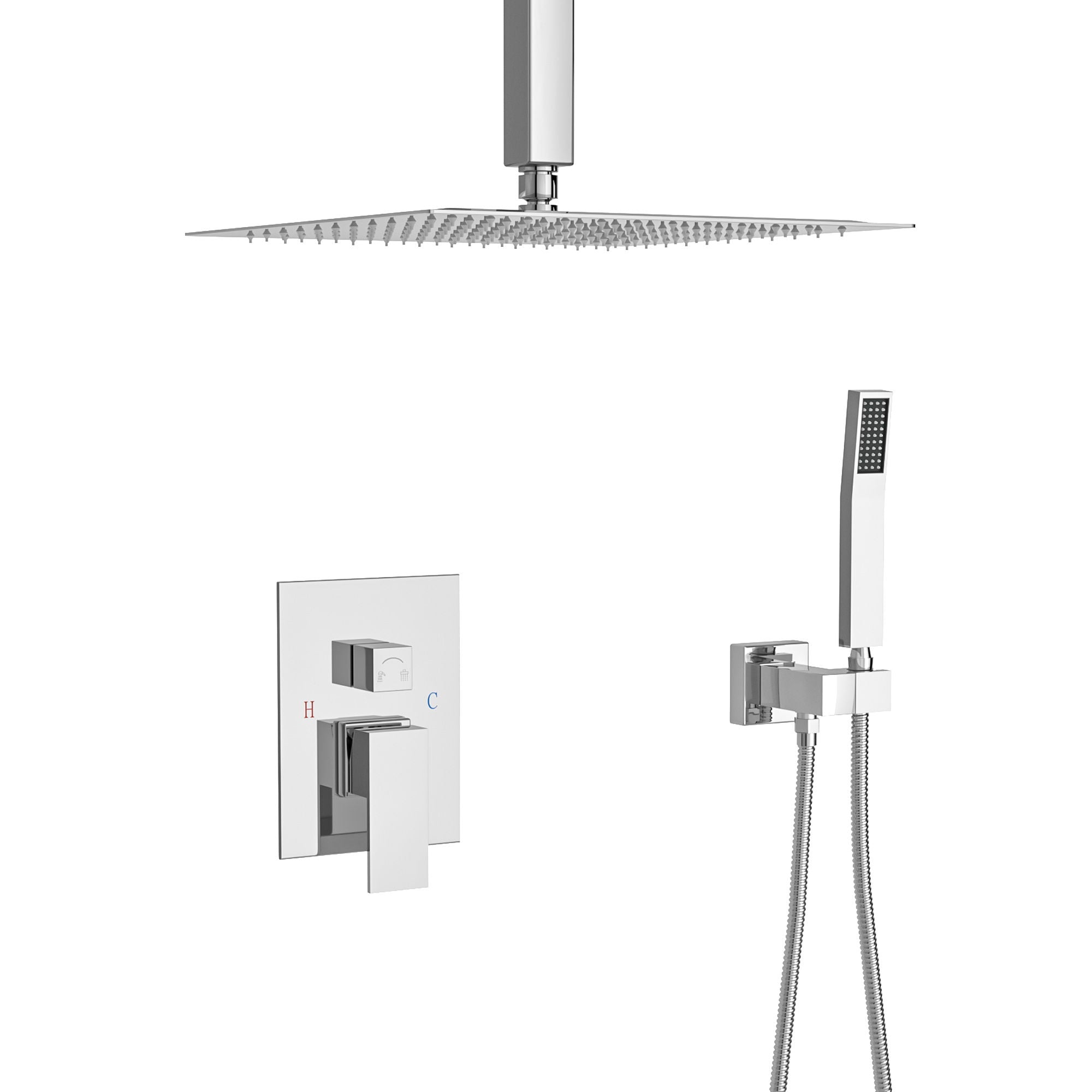 Modern Dual Shower Head System With 16" Ceiling Mount Finish, Stainless Steel And Brass