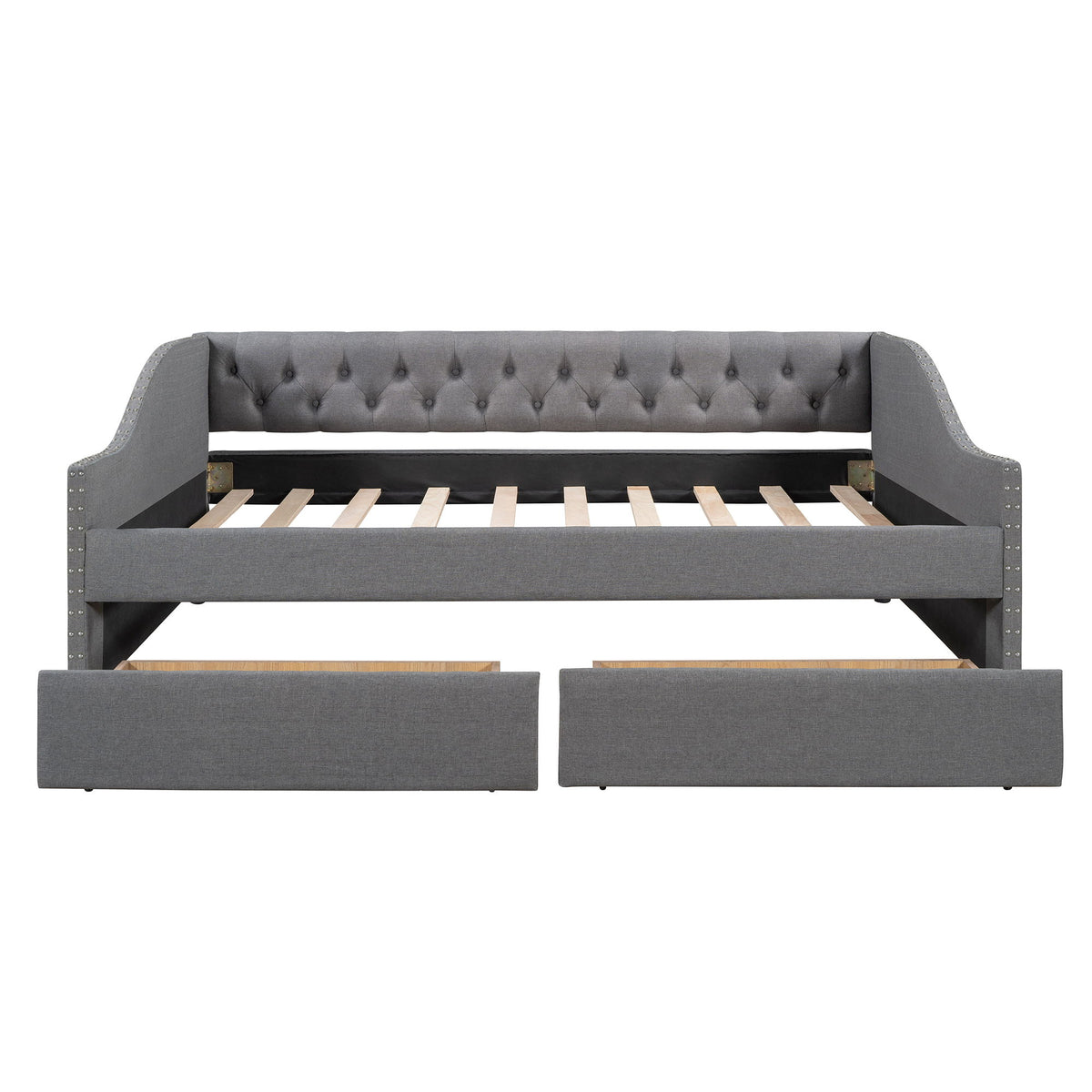 Upholstered Daybed With Two Drawers, Wood Slat Support