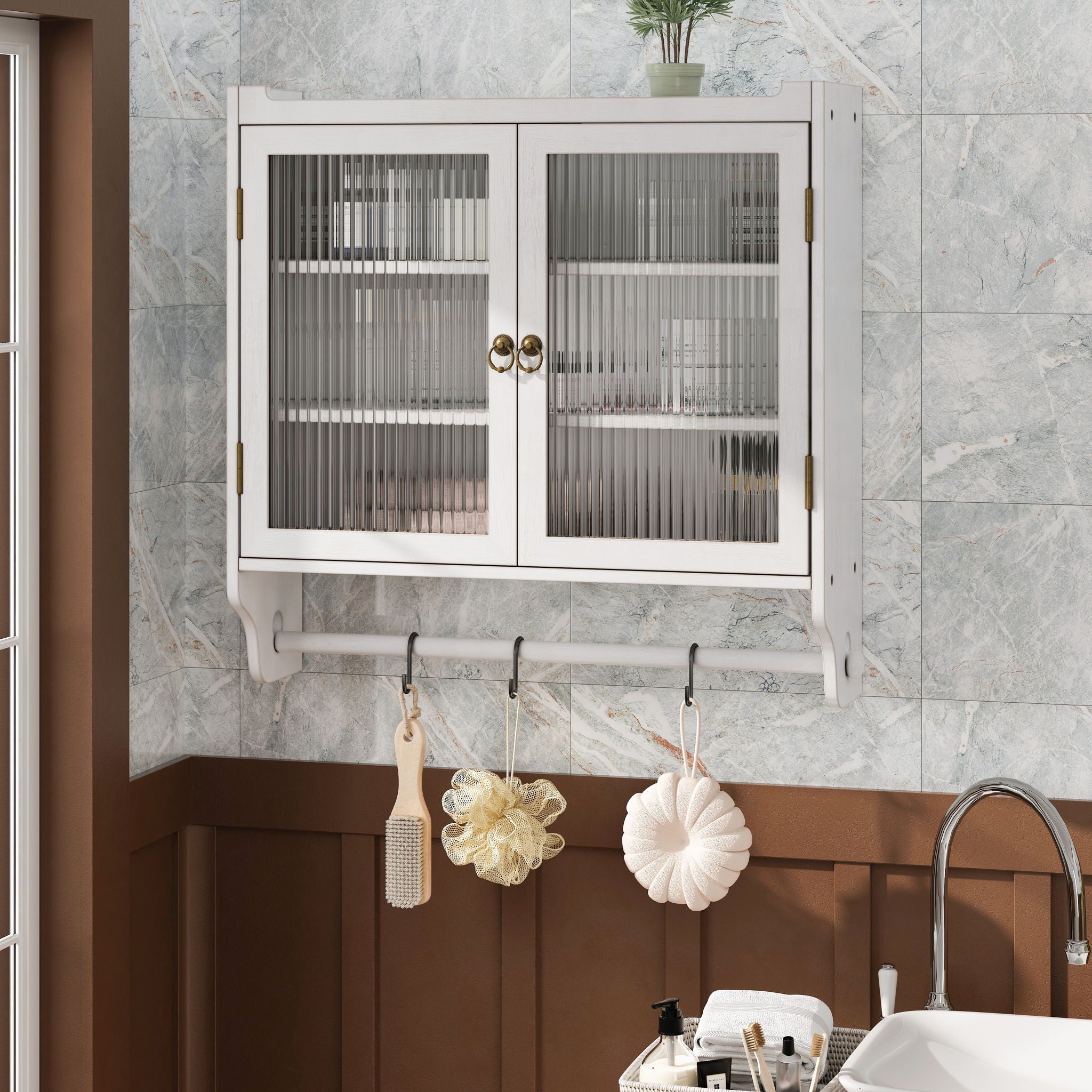 Vintage Double Door Wall Cabinet With Three Tiers Storage And Towel Rack - White Washed