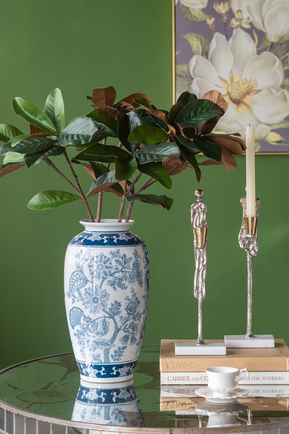 Round Table With Elegant Foral Design And Mirrored