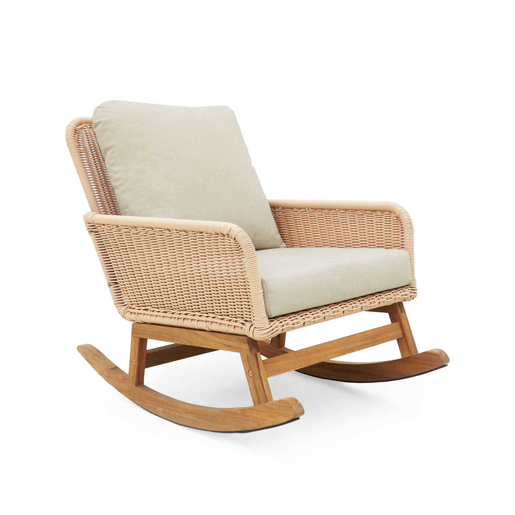 Contemporary Minimalist Wicker Rocking Chair With Soft Cushions And Durable Wooden Frame