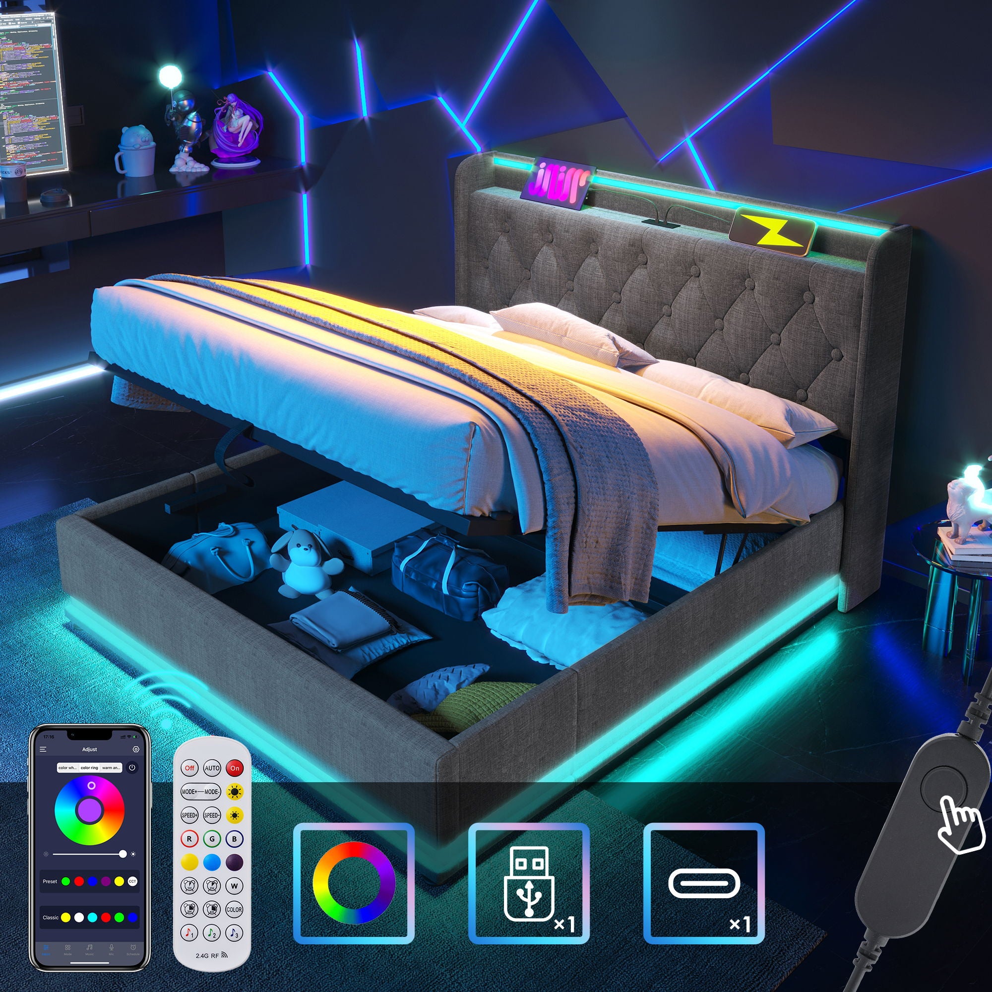 Upholstered Bed, 360 Surround LED Function, Remote Control, Hydraulic Storage Bed With USB, Type-C Charging (Without Mattress)