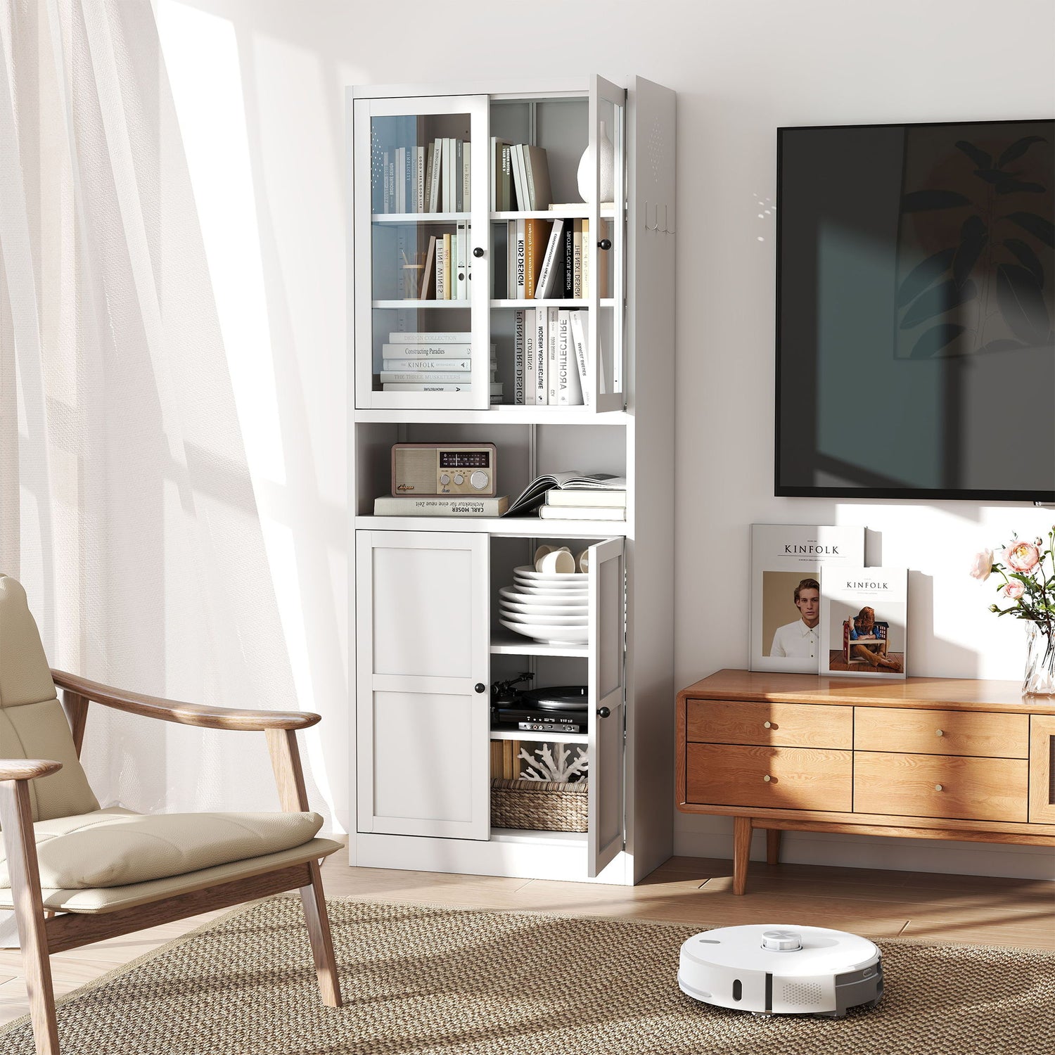 Metal Kitchen Pantry Cabinet Tall Storage With Adjustable Shelves, Heavy Duty Stainless Steel Frame - White