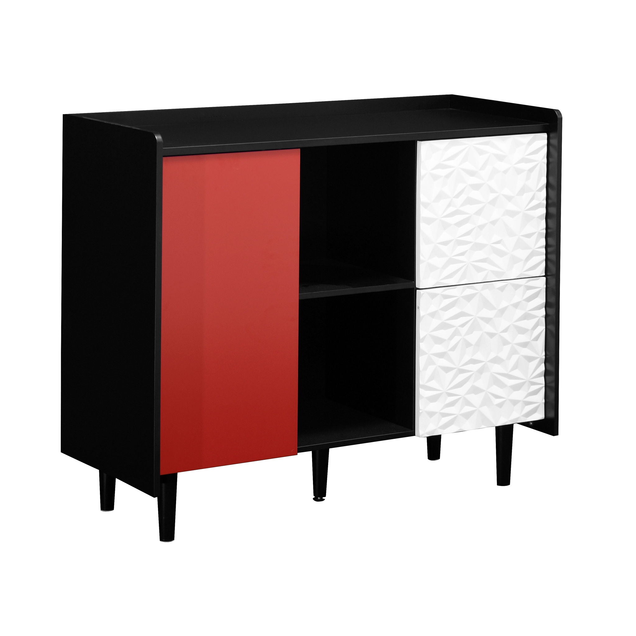 Modern Sideboard Buffet Cabinet With Red Doors And Unique Panel Styling