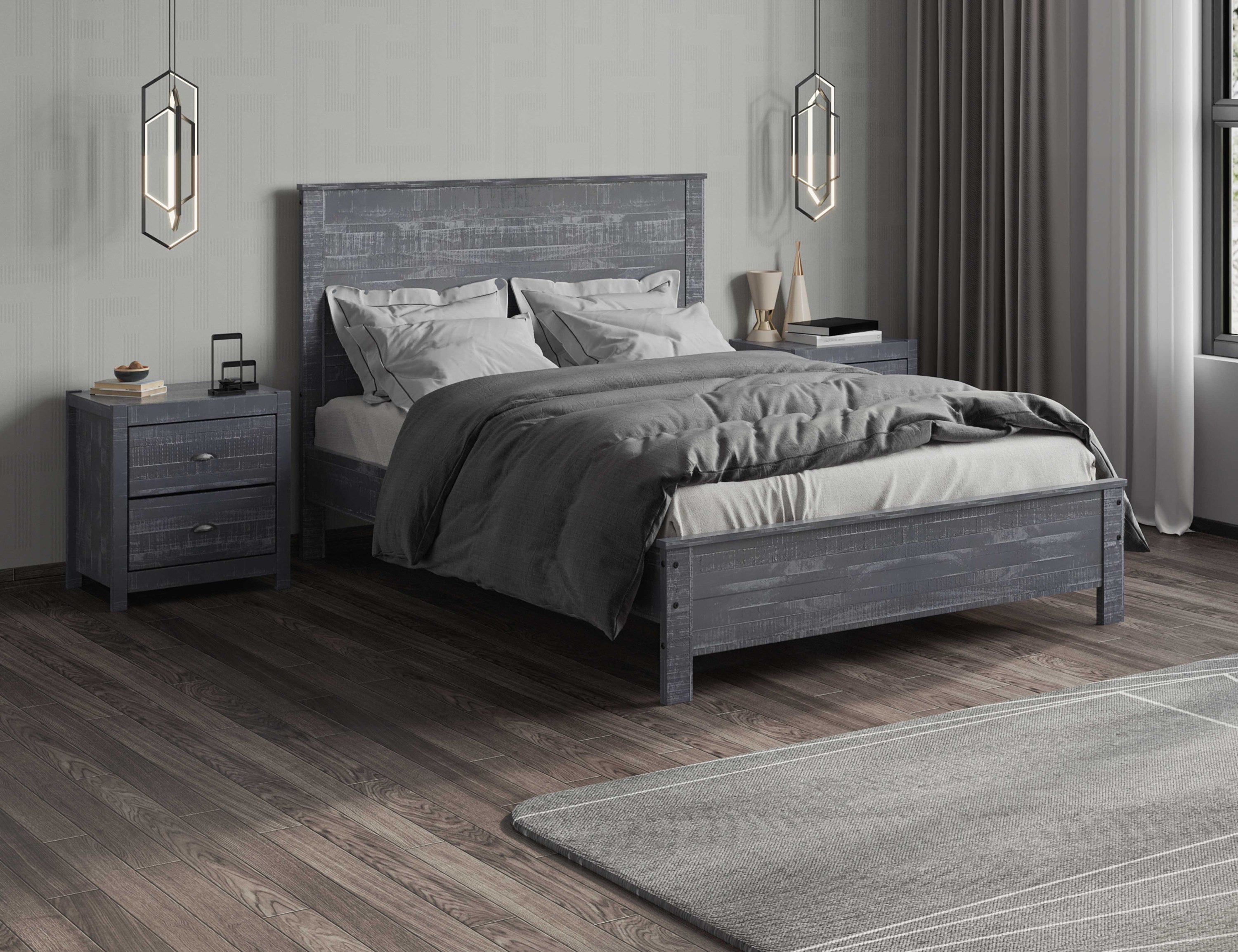 Albany 3 Piece Queen Bed Set, Heavy Duty Solid Wood Queen Size Bed Frame with Bedside Table Set of 2, Grey