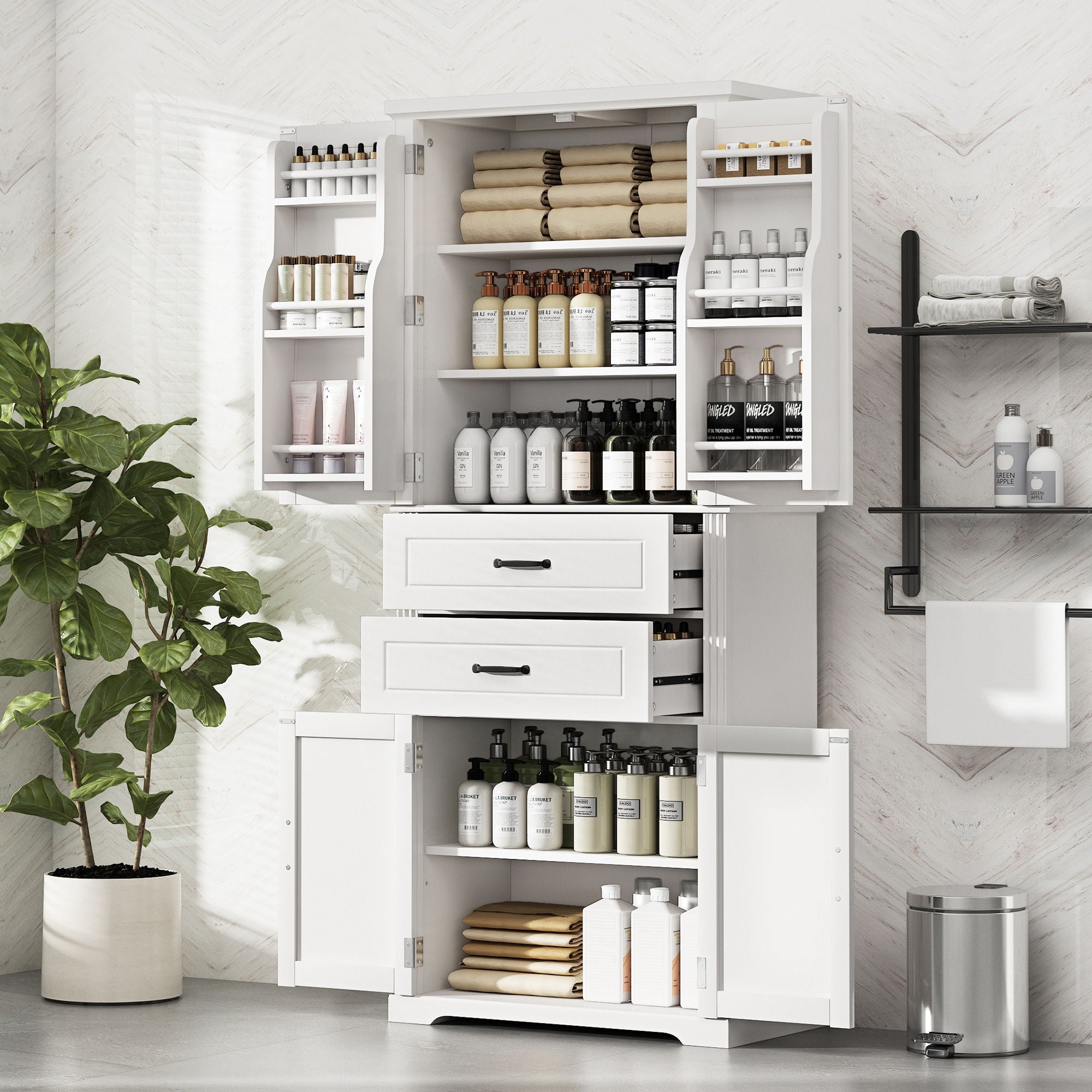 Multi Functional Storage Cabinet With Adjustable Shelves, 2 Drawers, Door Shelves