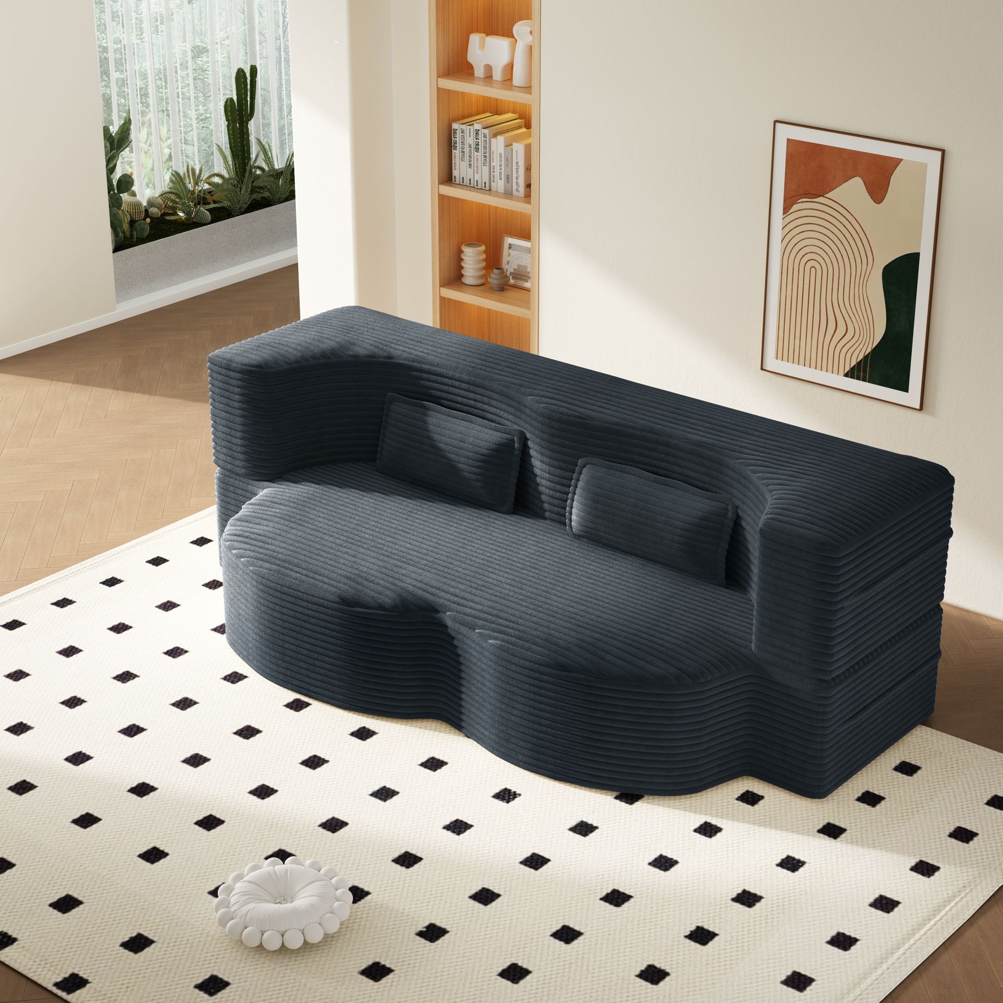 Modern Floor Sofa With 2 Pillows, Convertible Twin Size Folding Mattress For Living Room