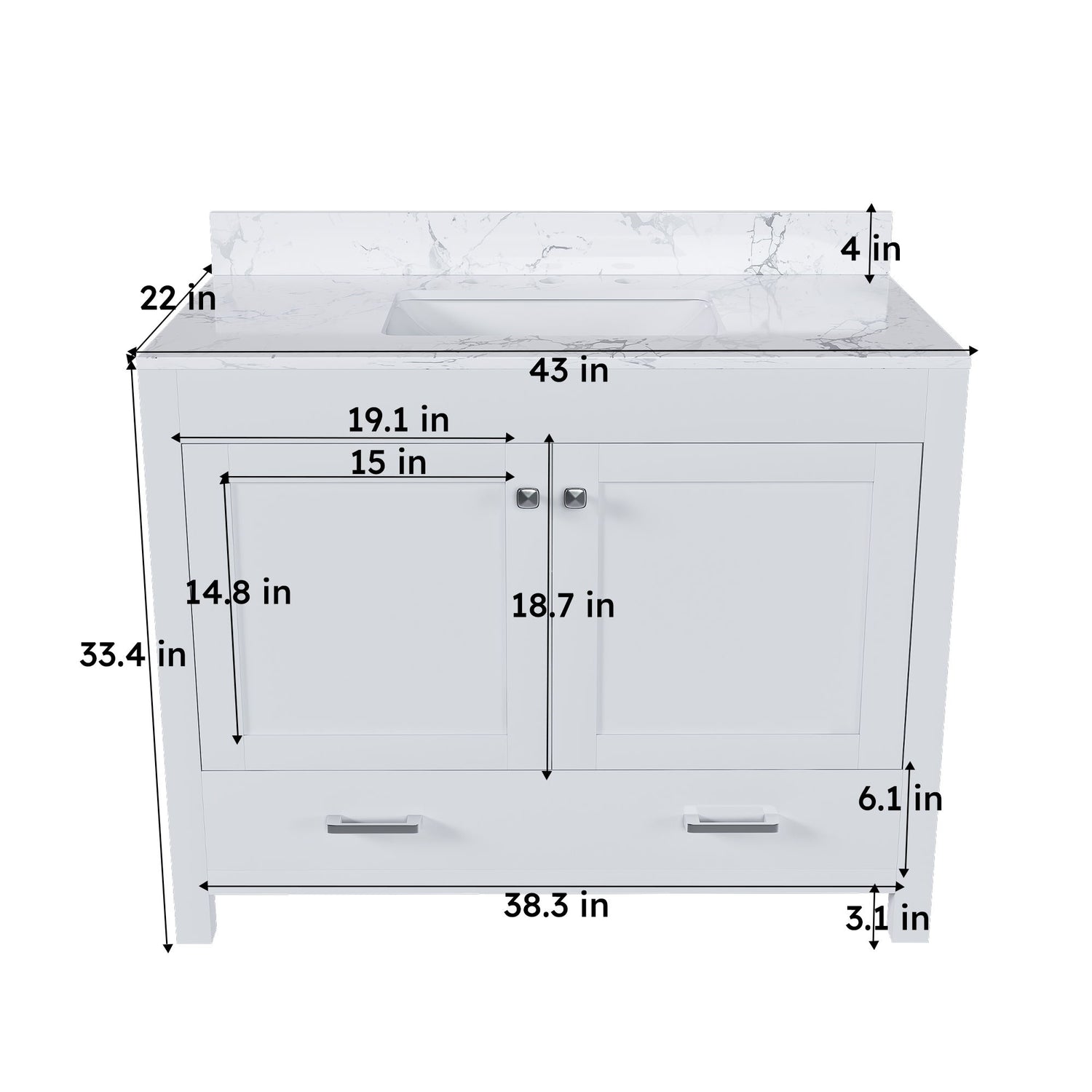 43" Bathroom Vanity With Artificial Marble Carrara Top Set, Multi Functional Bathroom Cabinet With Doors And Drawer - White