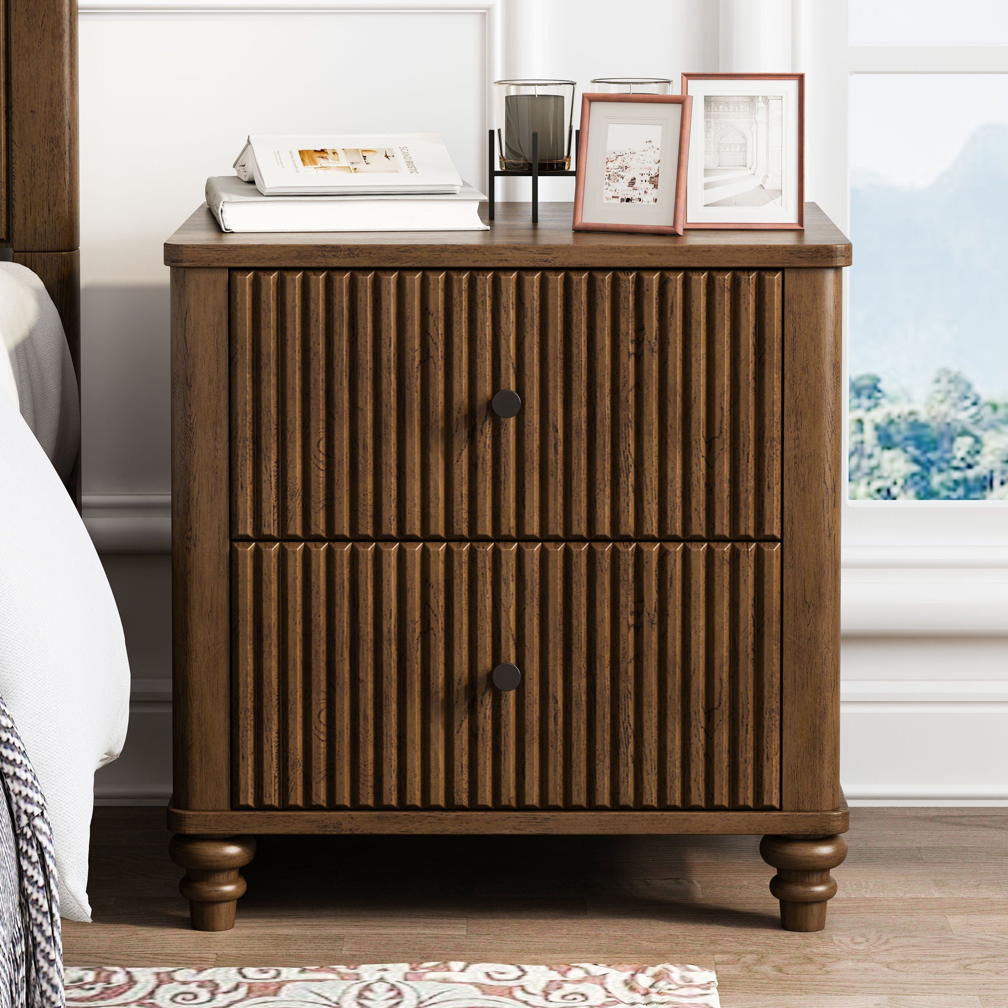 Mid Century Modern Fluted Nightstand 2 Piece Set With 3 Drawers - Walnut