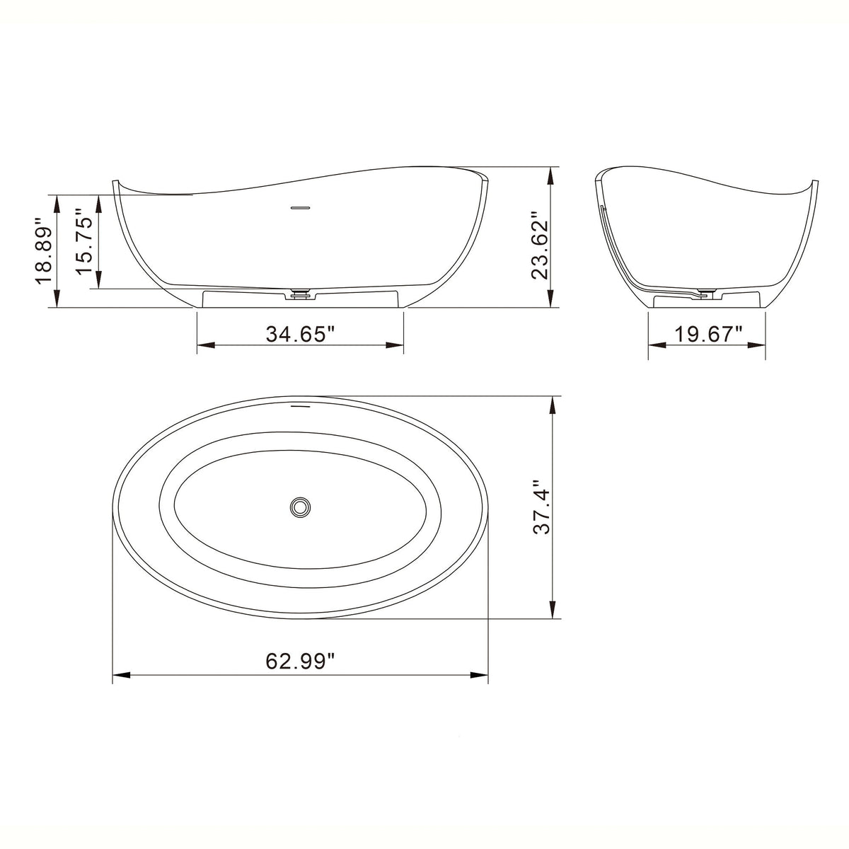 63" Freestanding Solid Surface Soaking Bathtub For Bathroom - Black