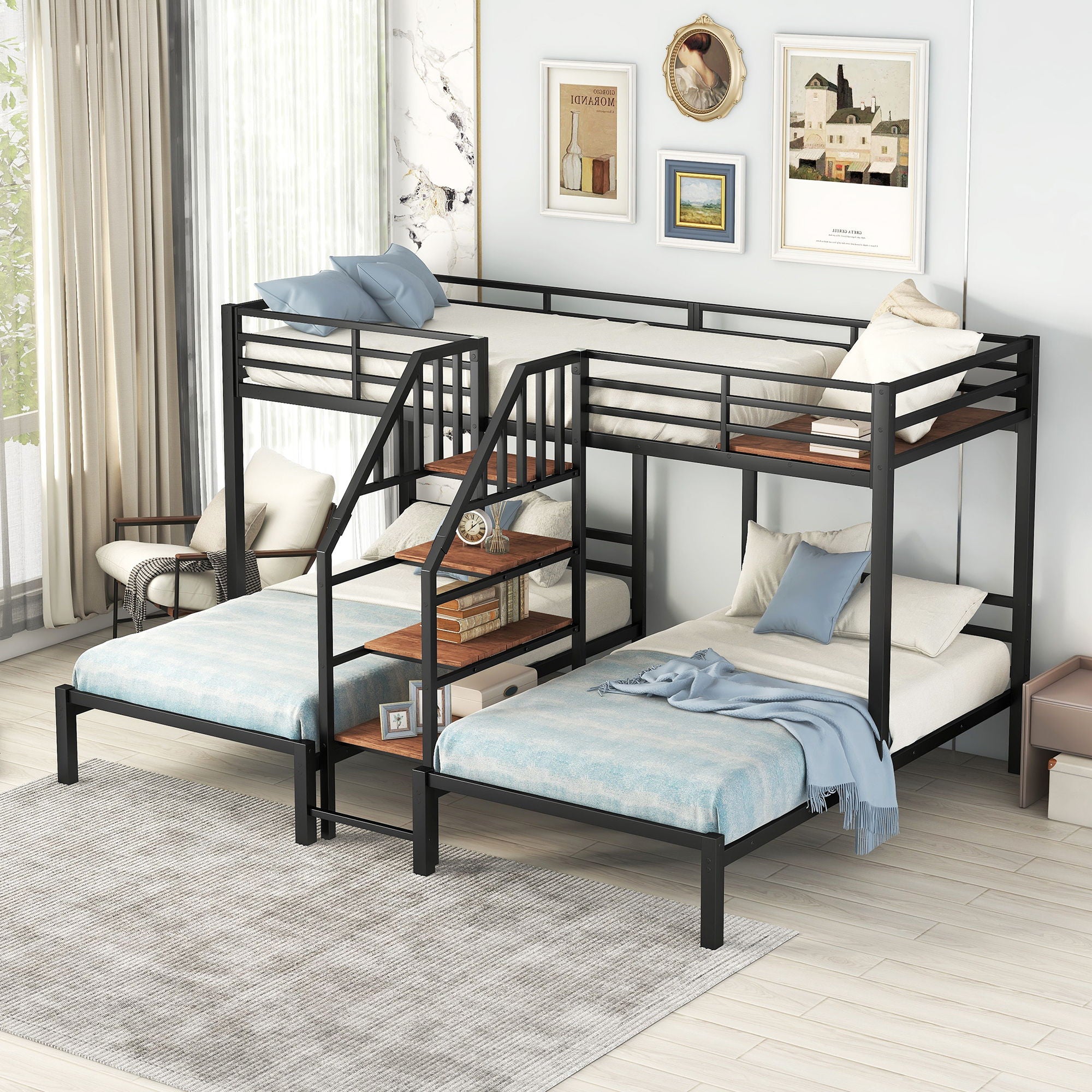 Metal Bunk Bed With Storage Shelves Staircase