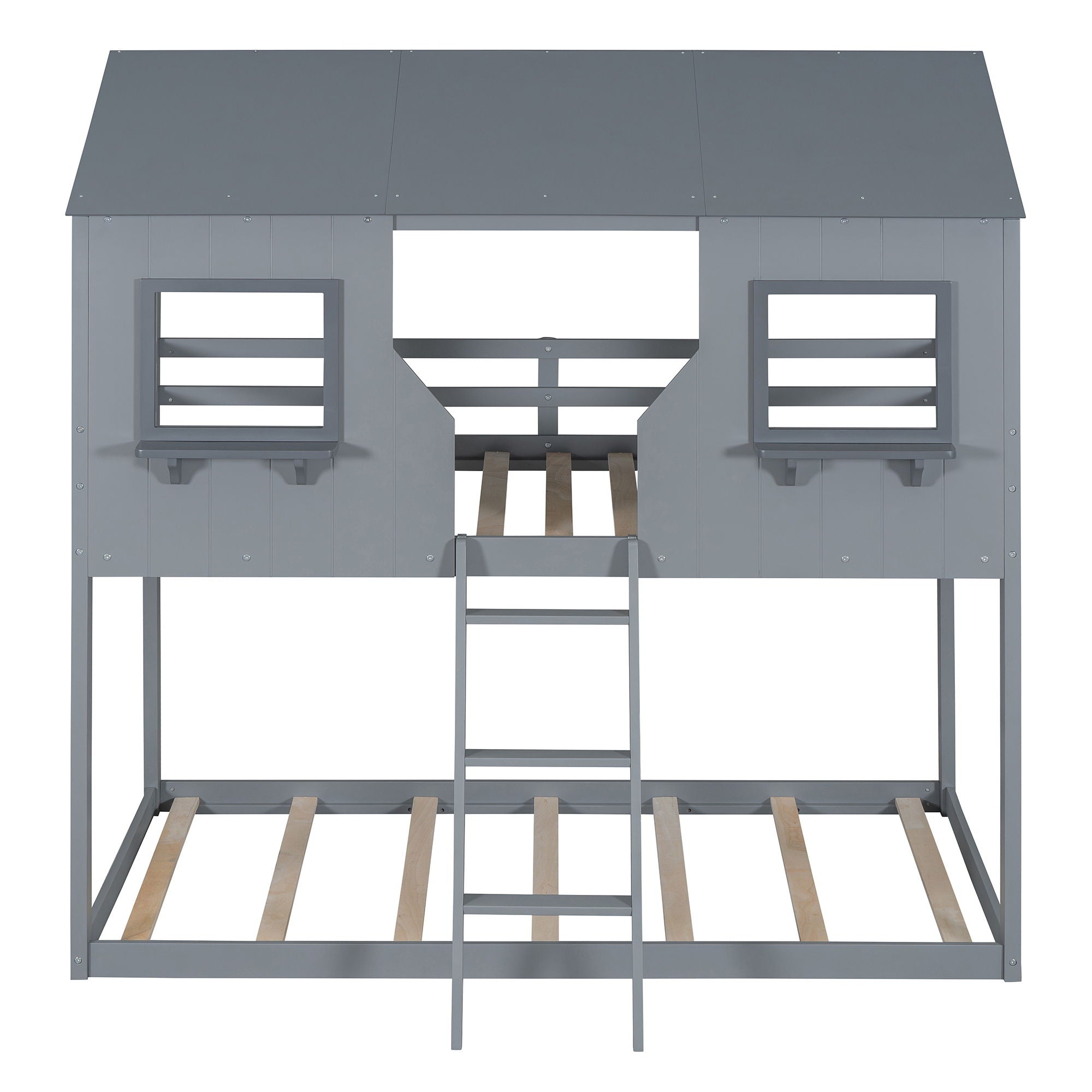 Twin Over Twin Bunk Bed With Roof, Window, Guardrail, Ladder