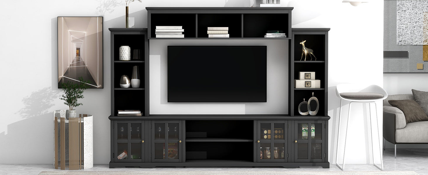 Entertainment Wall Unit with Bridge, Modern TV Console Table for TVs Up to 70" Multifunctional TV Stand with Tempered Glass Door Black