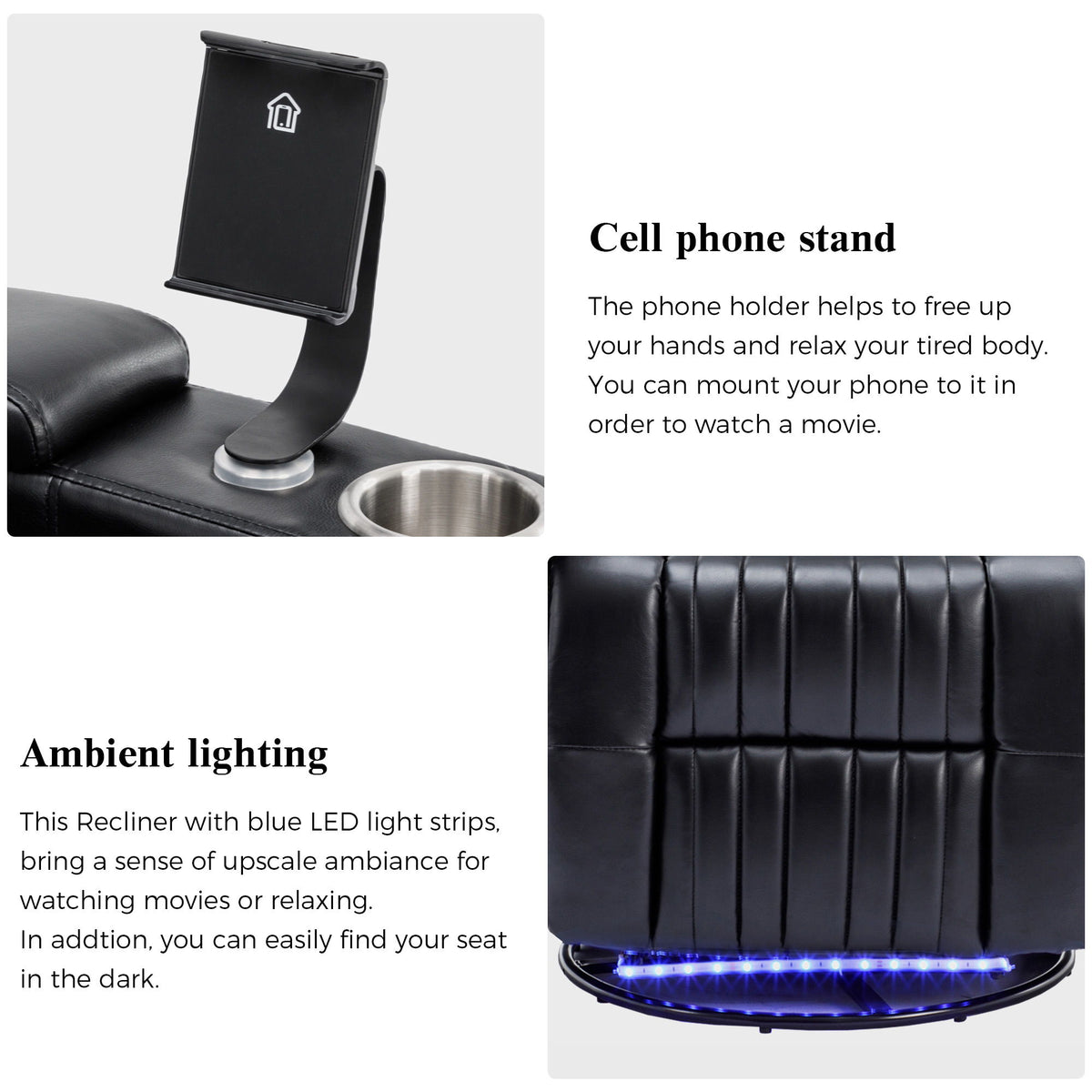 270° Power Swivel Recliner Home Theater Chair With Hidden Arm Storage, LED Light, Cup Holder, And Tray Table