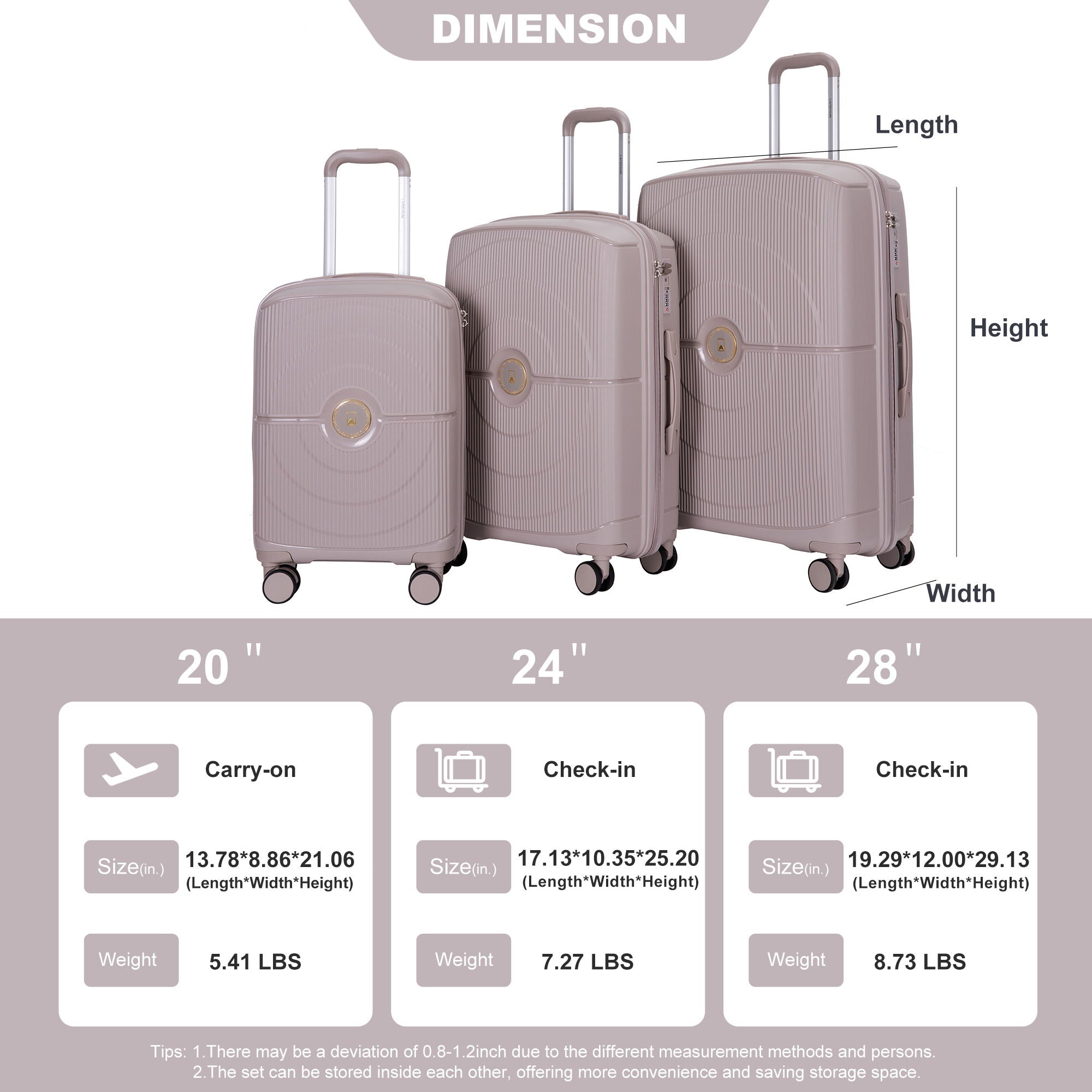 3 Piece Set Expandable Hardshell Suitcase Double Spinner Wheels