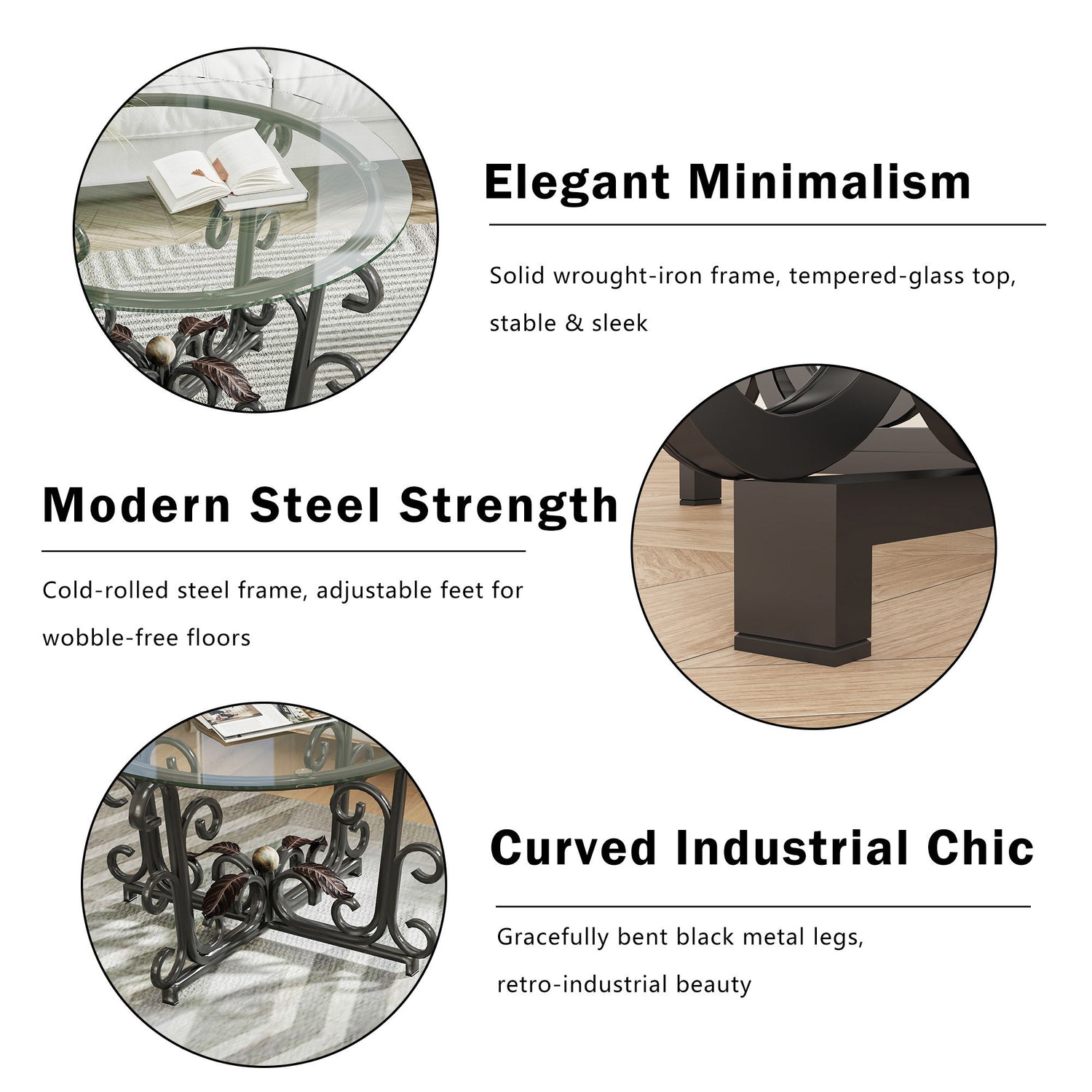 3 Piece Coffee Table Set With Tempered Glass Surface - Black