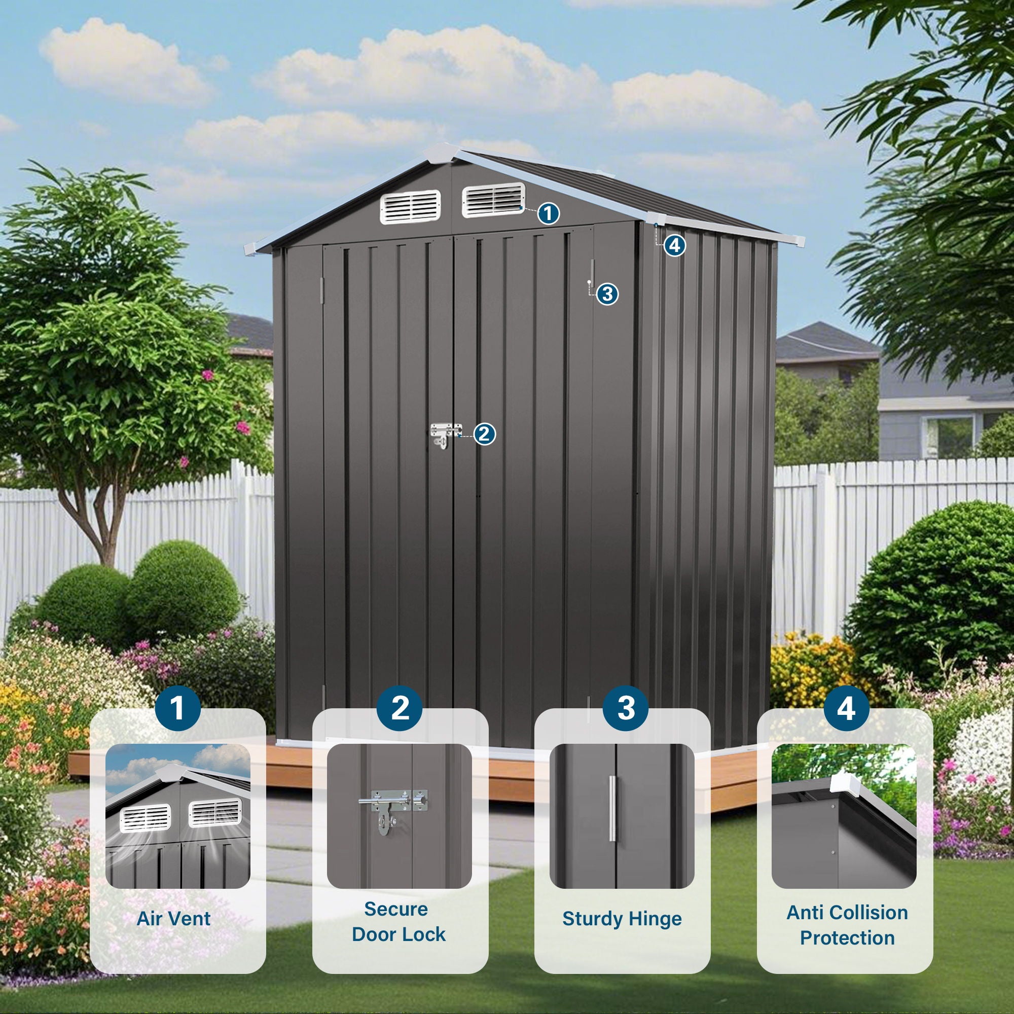 5 X 3 Ft Compact Metal Outdoor Storage Shed With Pitched Roof, Lockable Door - Gray