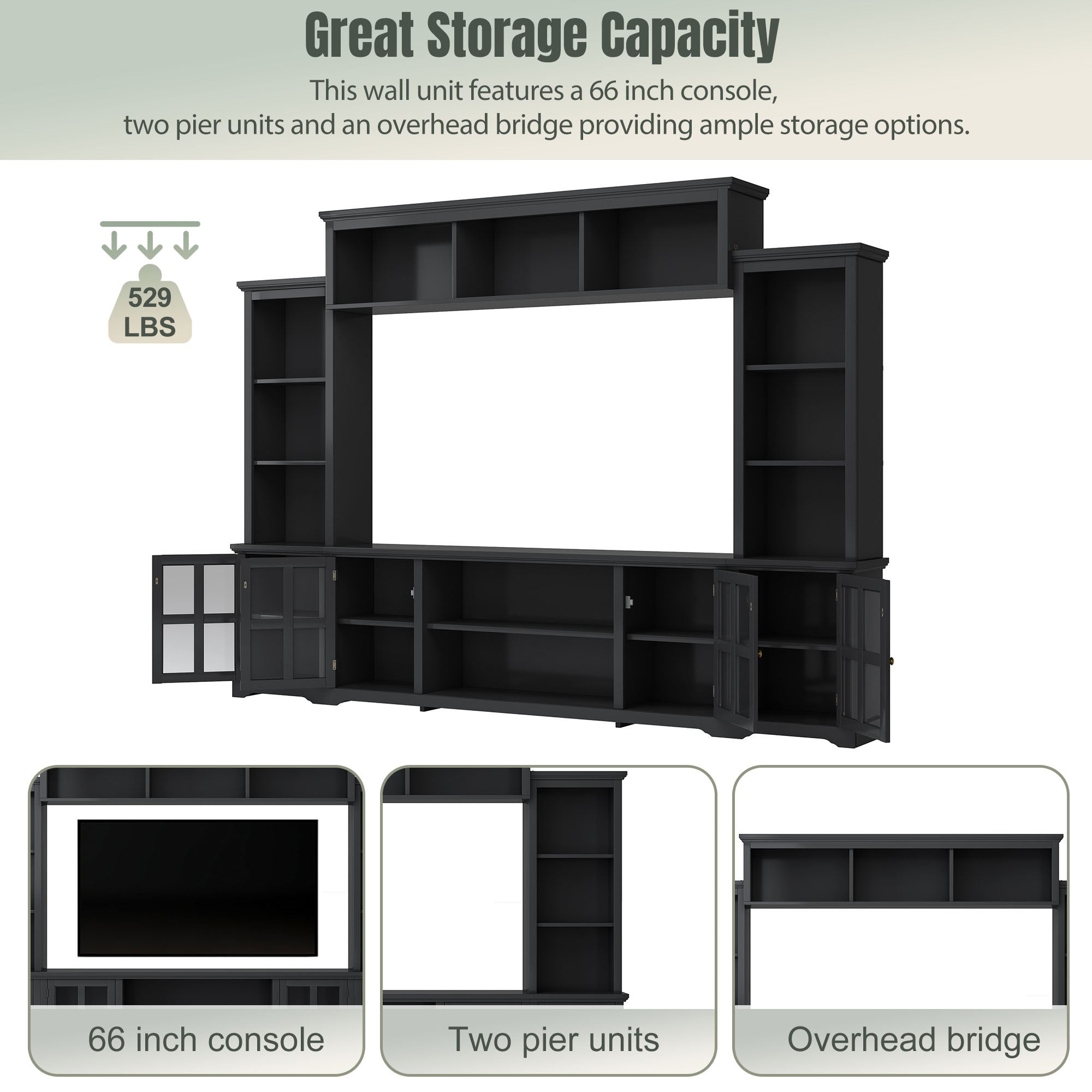 Entertainment Wall Unit with Bridge, Modern TV Console Table for TVs Up to 70" Multifunctional TV Stand with Tempered Glass Door Black