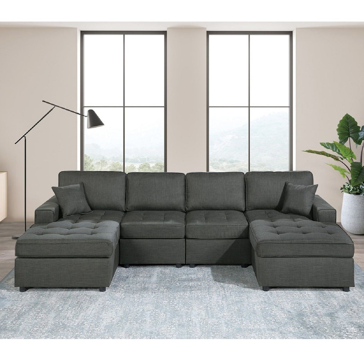 Sectional Sofa Set RAF & LAF Chaise, Tufted Couch Living Room - Gun Ash