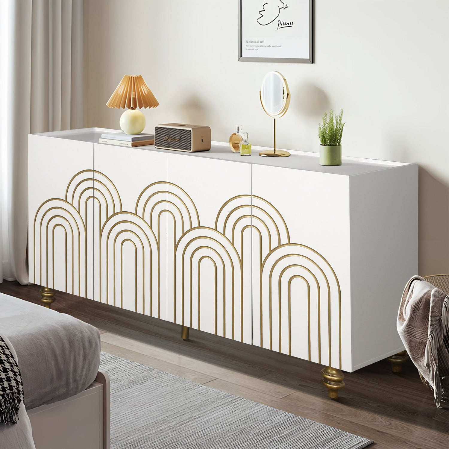 Modern Fluted Sideboard Buffet With Storage, Curve Element, 4 Doors With Adjustable Shelves