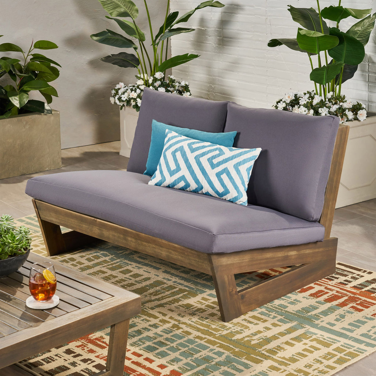 Outdoor Loveseat With Slat Paneling And Water Resistance Cushion - Dark Gray